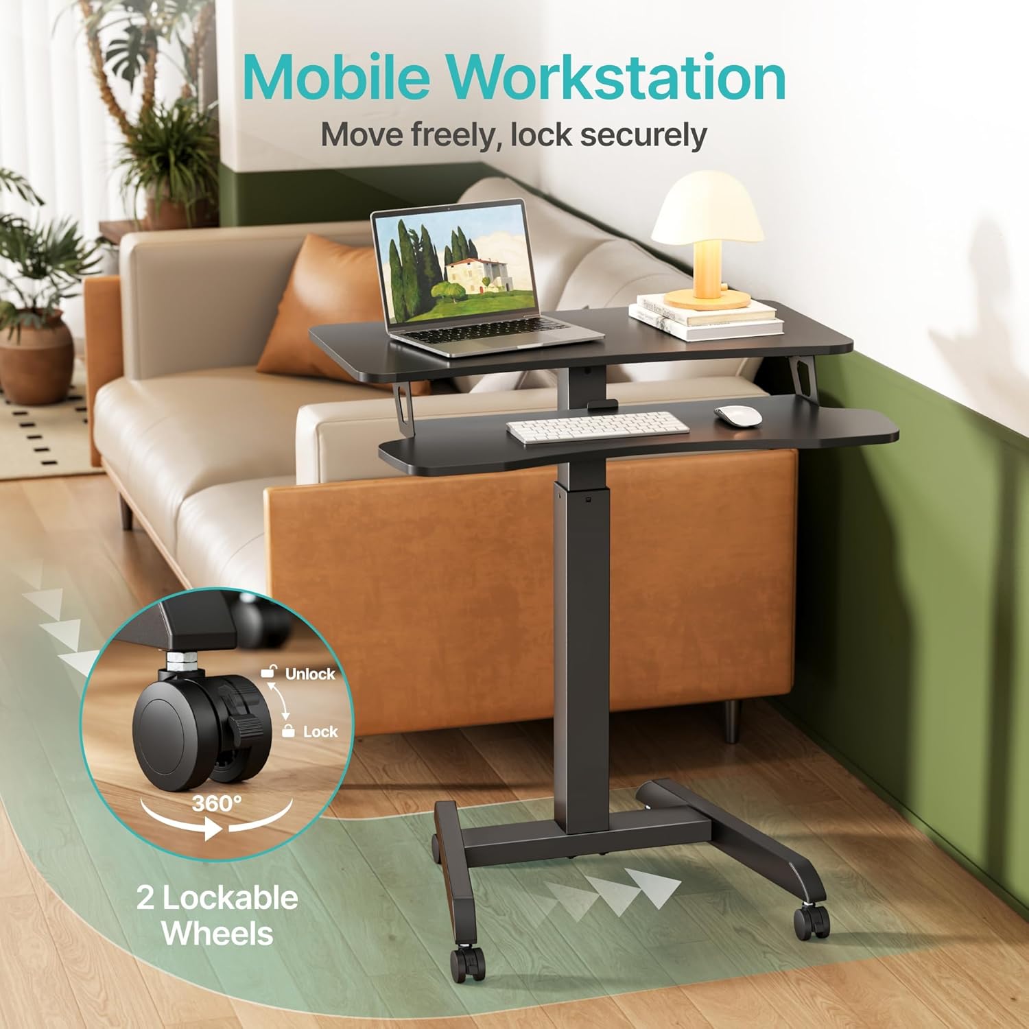 Standing Rolling Desk-Height Adjsutable up to 47.2' Rolling Podium for Teachers, 31.2'× 27.5' Dual Tier Sanding Desk for Classroom, Moveable Laptop Cart, Teacher Podium with Wheels, Black