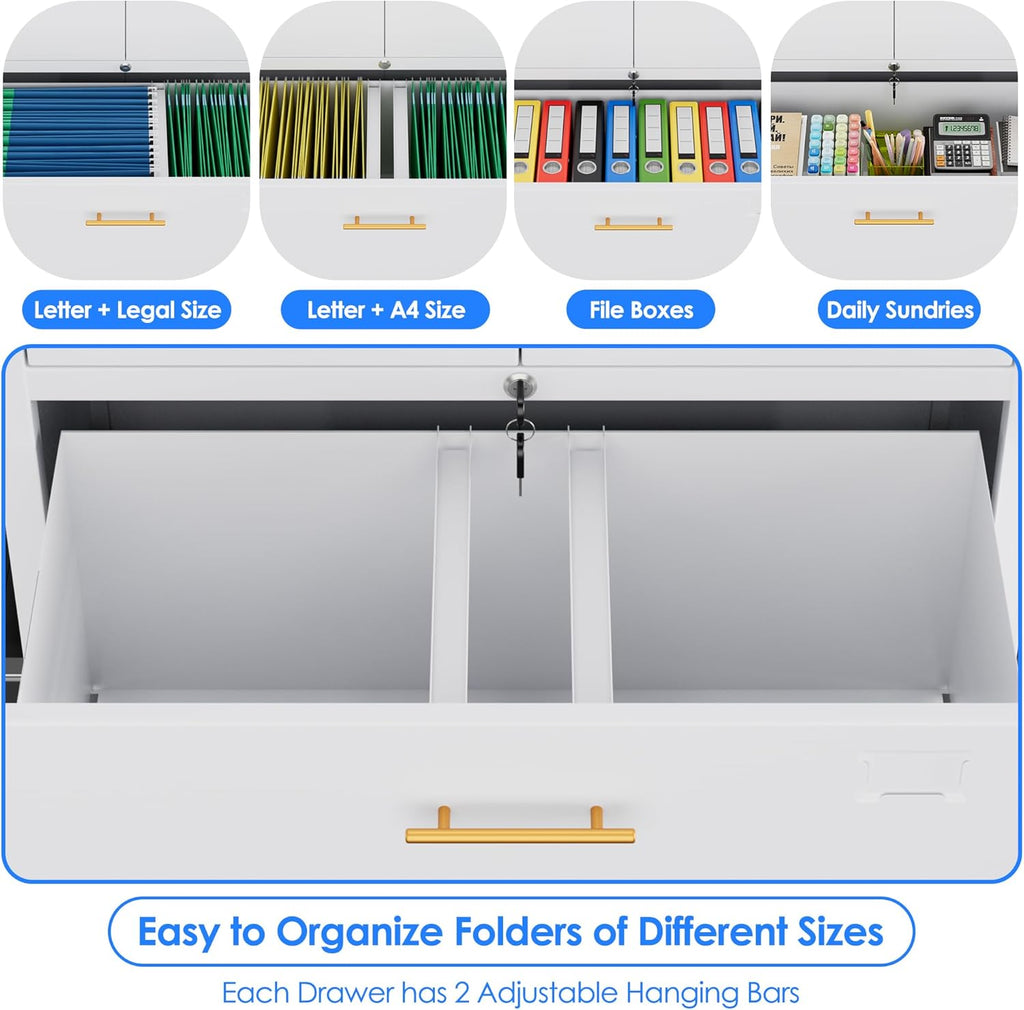 1 Drawer Lateral File Cabinet with Lock, Metal Filing Storage Cabinet with Locking Doors and Adjustable Shelf for Home, Office, School, Fits A4/Letter/Legal Size Folders, White