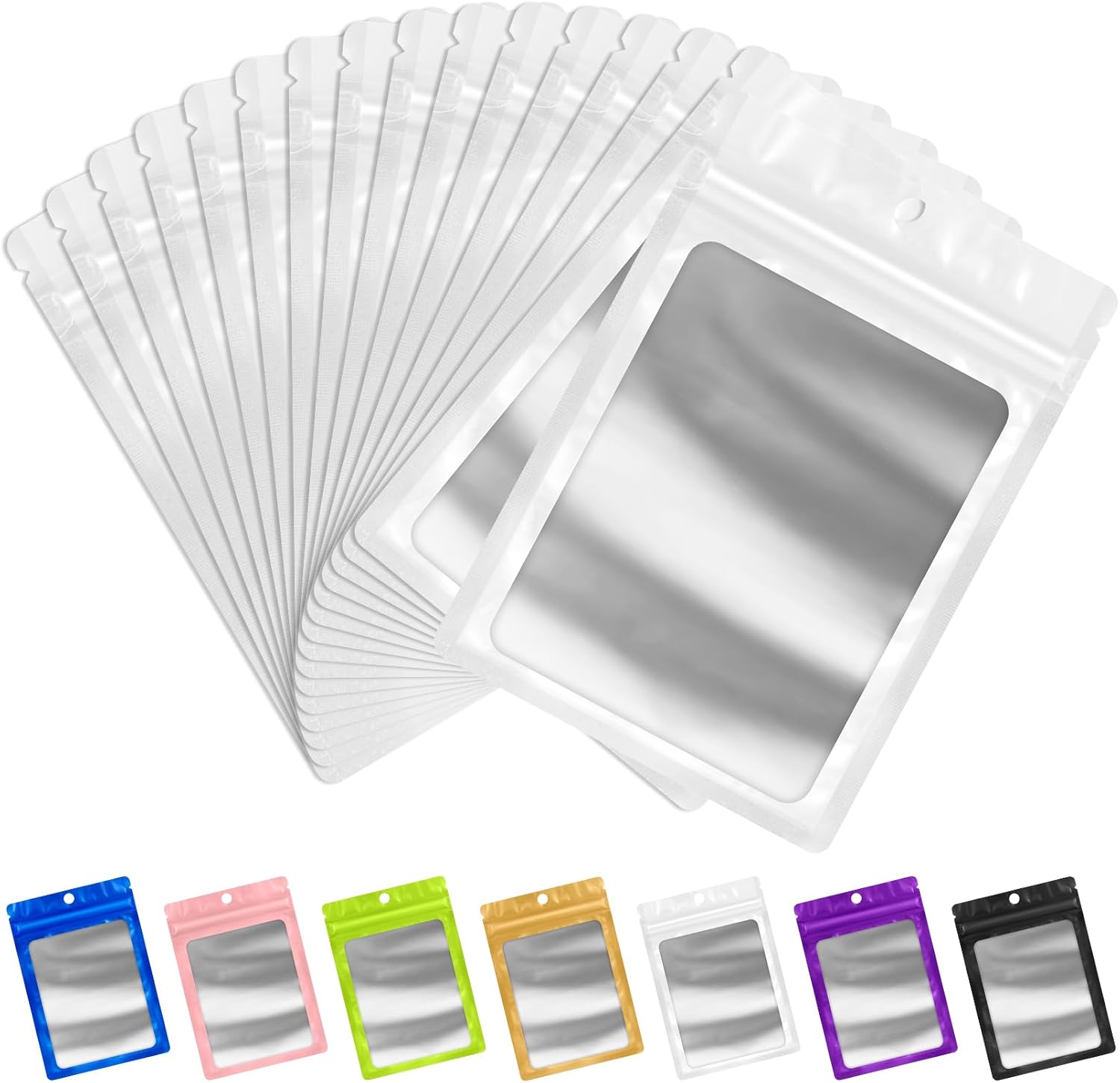 FUNFERY 100 Pack Mylar Resealable Bags Foil Packaging Bags with Clear Window,Zipper Pouch Smell Proof Bag for Food Storage,Cookies,Sample,Small Business(White,4x6inch)