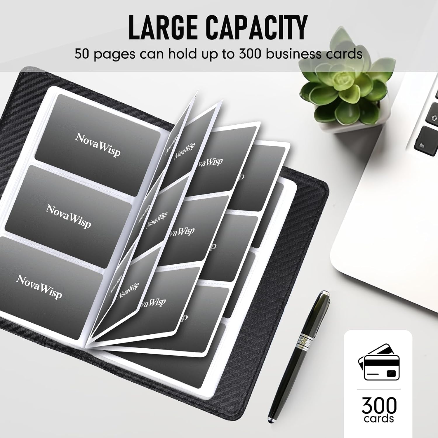 300 Business Cards Holder, 50 Pages Gift Card Holder, Professional PU Leather Credit Cards Organizer Wallet, Portable Name Card Booklet Folder Sleeves, Men Women & Office Supplies, Carbon Fiber Black