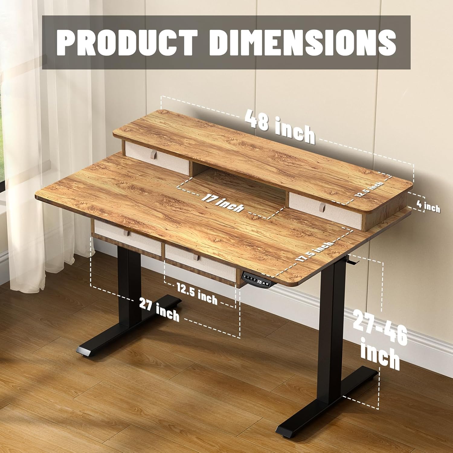48 * 30 Inches Electric Standing Widened Desk Adjustable Height with 4 Drawers, Double Storage Shelves Stand Up Desk, Home Office Workstation Sit Stand up Desk (Light Rustic Brown)