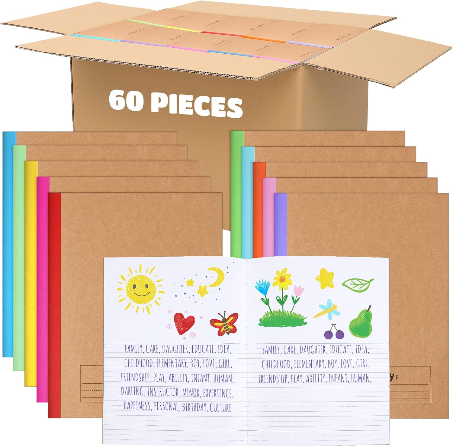 Henoyso 60 Pcs Primary Composition Notebook 9 3/4 x 7 1/2 Inch Kids Journal, Back to School Supplies, K-2 Primary Writing Notebook for Kids Student Draw and Write Story Journal (Stylish Color)