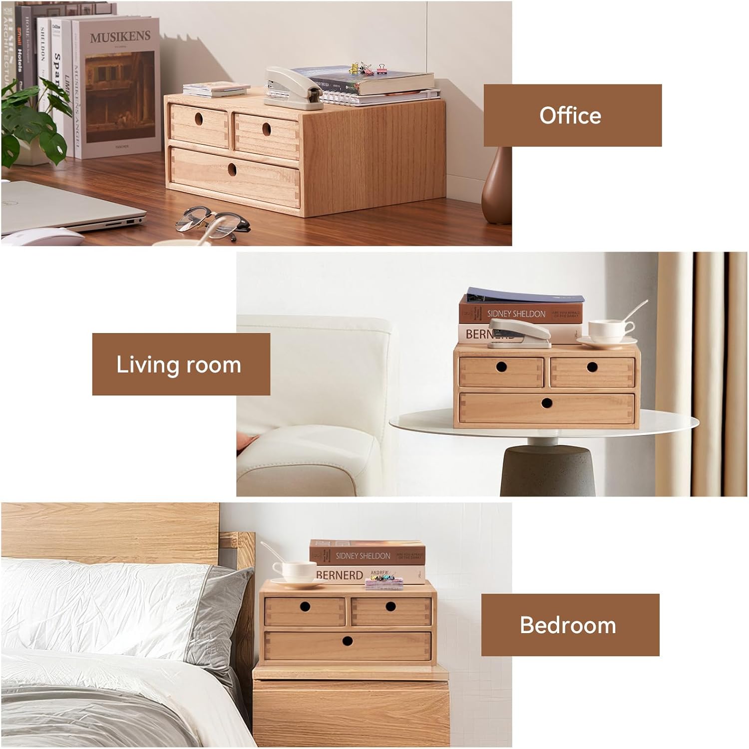 Kirigen Natural Wooden Desktop Organizer - Office Supplies Filing Tidy Storage Shelf - Storage Cabinet/Jewelry Organizer with 3 Drawers (NA, 2-Layer &3 Drawers)