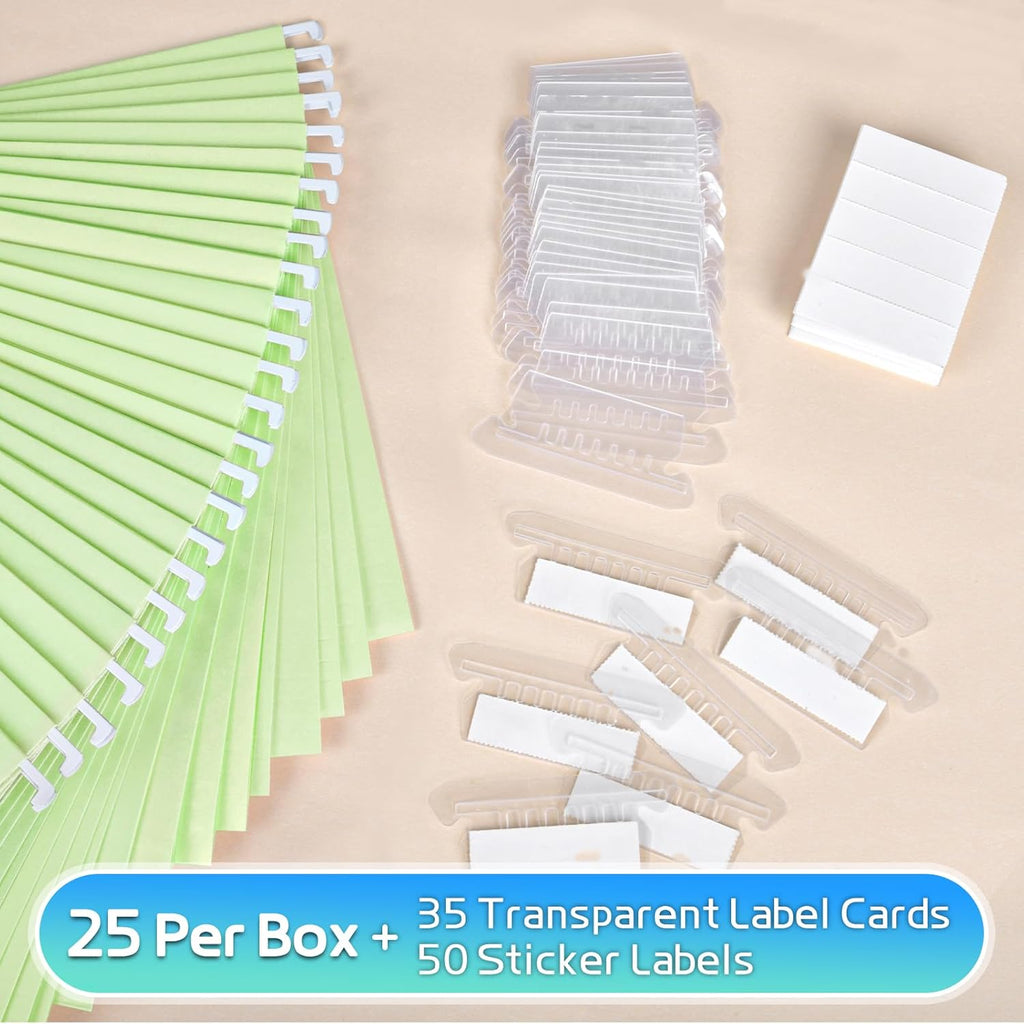 25-Pack Green Hanging File Folders, Letter Size (8.5" x 11") with 1/5-Cut Tabs,Includes 35 Transparent Label Cards & 50 Sticker Labels for Home & Office Organization