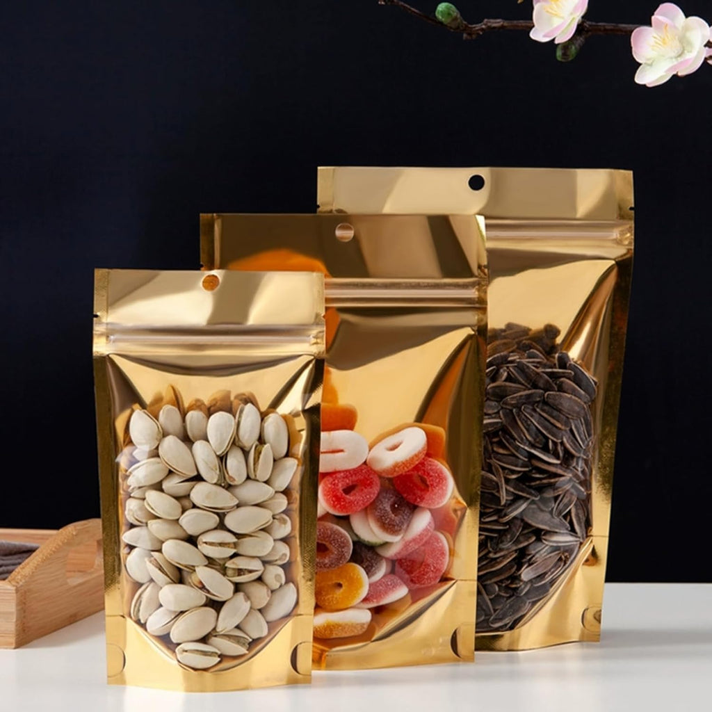 300 Pcs Mylar Bags for Food Storage, 6x9 Mylar Bag with Window Stand Up, Small Holographic Resealable Bags Smell Proof Bag Food Packaging for Small Business Freeze Dried Candy Jewelry Foil Packaging