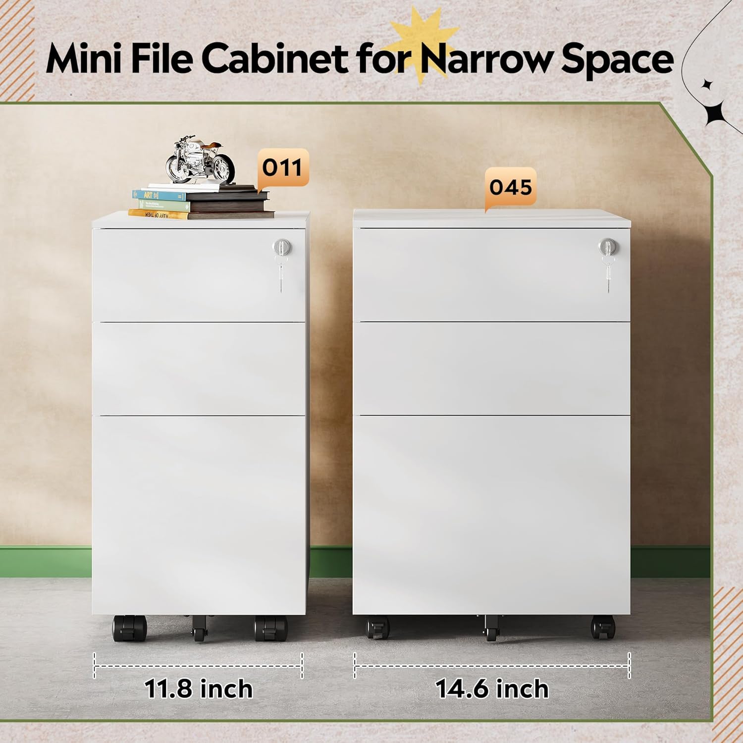 DEVAISE White File Cabinet, Small Filing Cabinet with 3 Drawers with Slim Width for Home Office, Rolling Under Desk Storage (11.8 inch)