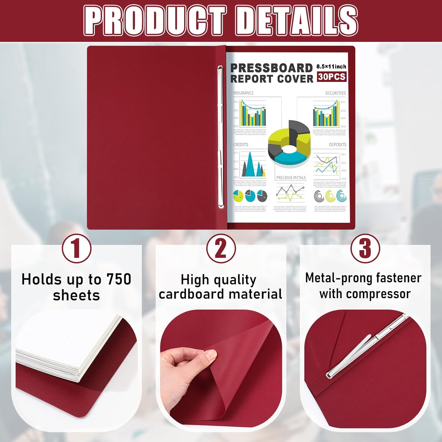30 Pcs 8.5'' x 11'' Pressboard Report Cover, 3'' Capacity Metal Prong Fastener with Compressor, Letter Size, Presentation Folder to Neatly Bind Report, Proposal Document (Burgundy)