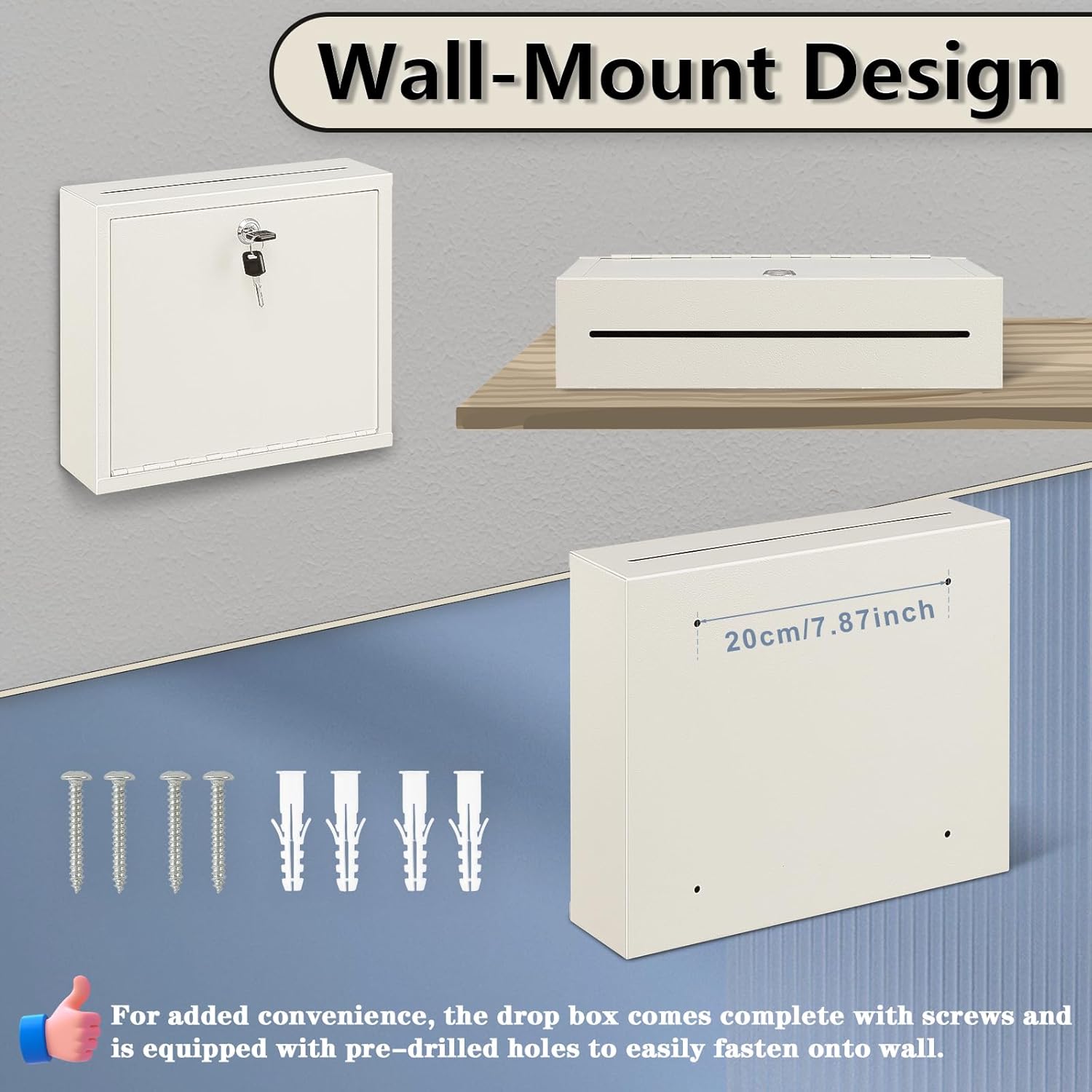 KYODOLED Suggestion Box with Lock and Slot, Wall Mounted Small Mailbox for Office, Key Drop Box with 50 Free Suggestion Cards, Safe Lock Box, Ballot Box, Donation Box, 3W x 10H x 12L Inch White