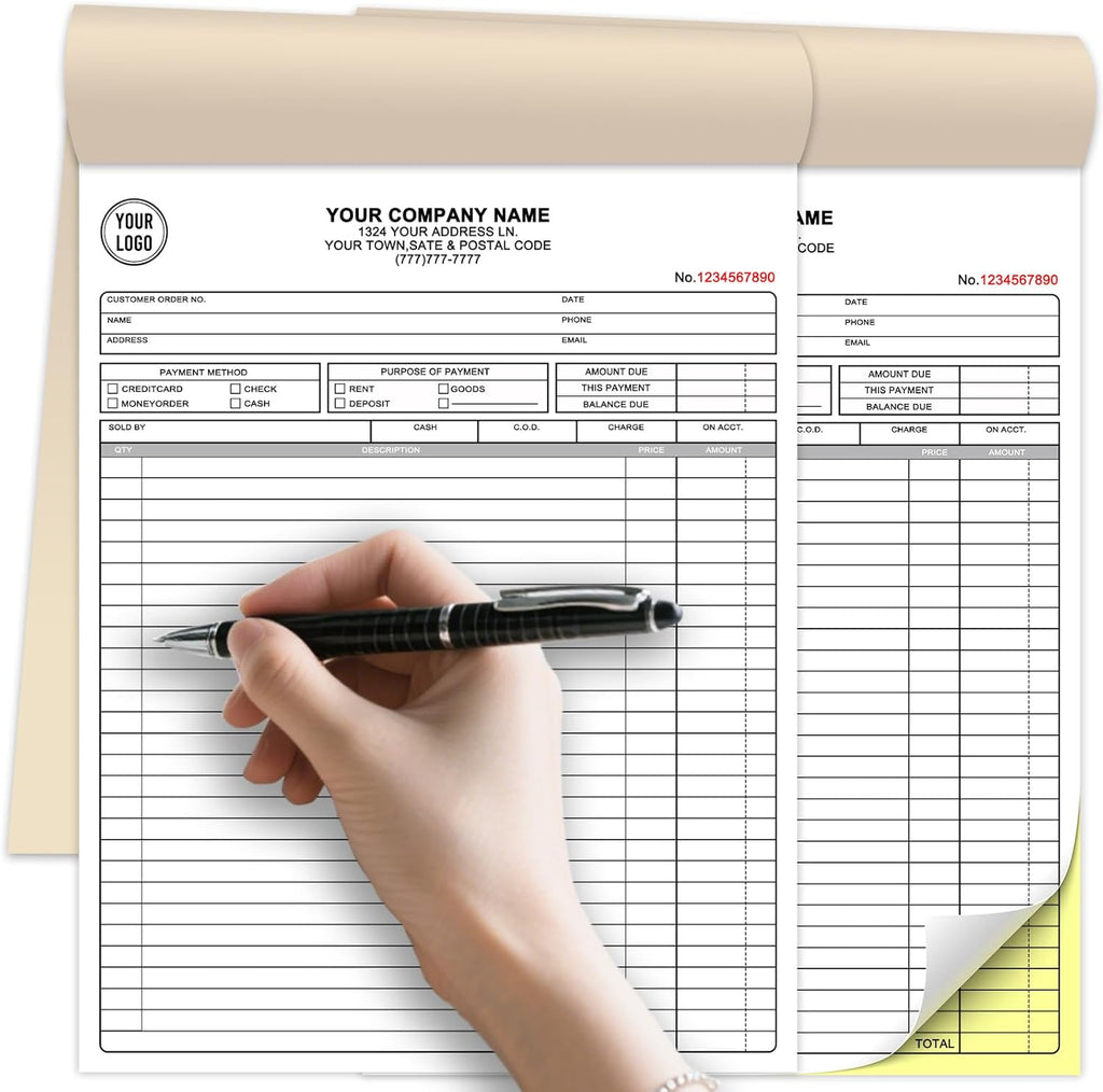 Custom Invoice Receipt Book for Small Business 8.5x11" Personalized 2-Part Contractor Duplicate Carbonless Sales Forms with Company Name Address Phone Number 100 Sets