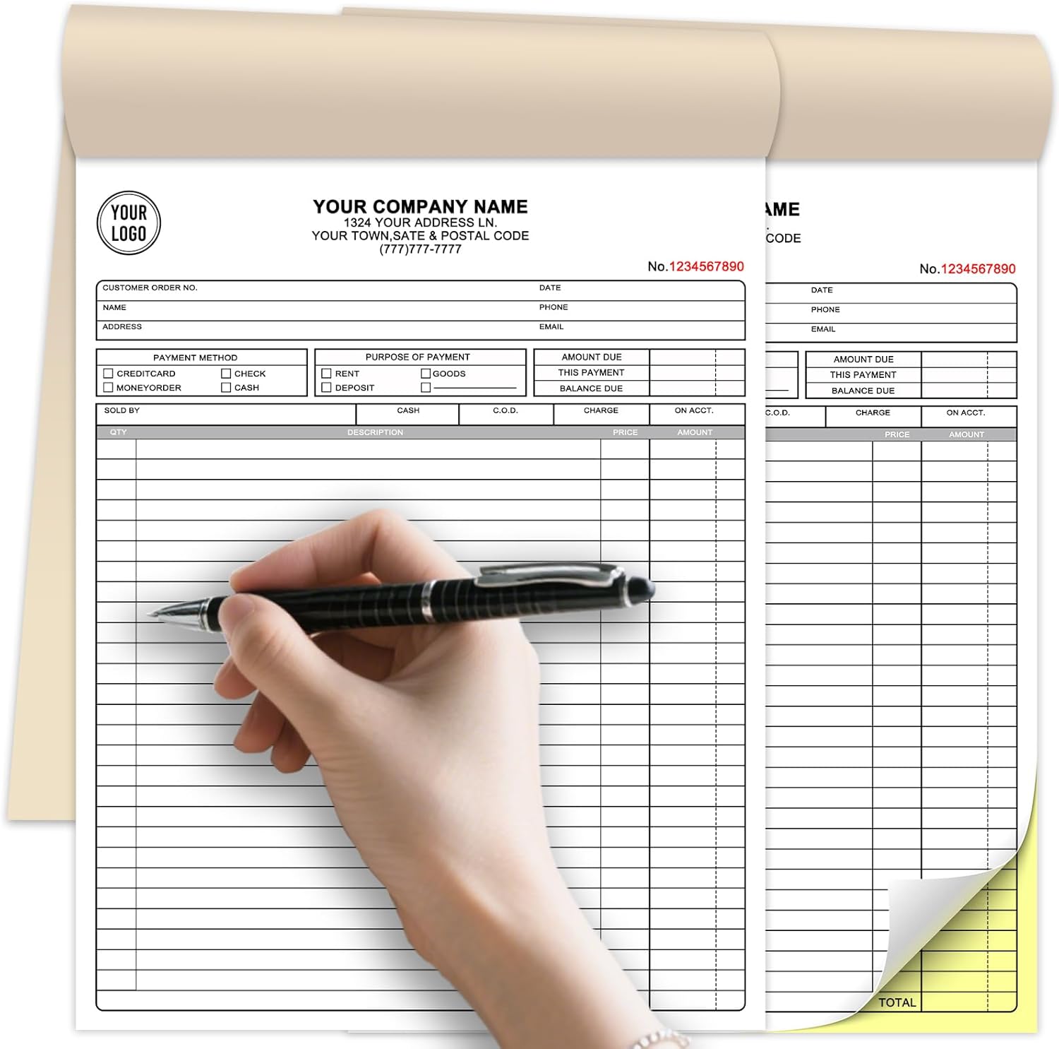 Custom Invoice Receipt Book for Small Business 8.5x11" Personalized 2-Part Contractor Duplicate Carbonless Sales Forms with Company Name Address Phone Number 100 Sets