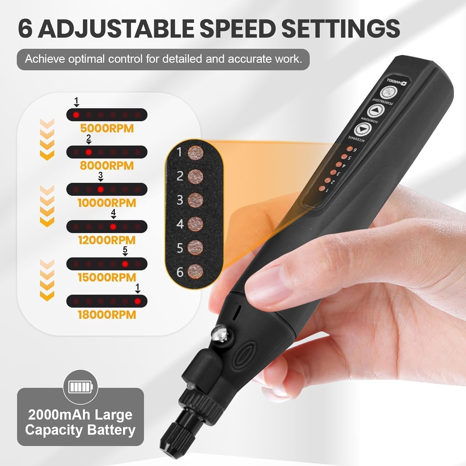 HARDELL Mini Cordless Rotary Tool 4V, 6 Variable Speeds Rotary Tool Kit with 35pcs Accessories, 2000mAh Rechargeable Power Rotary Tools, for Carving, Sanding, Engraving, Grinding, Cutting