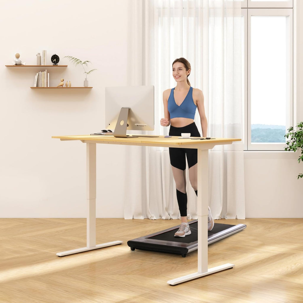 FLEXISPOT E3 Bamboo Dual Motor 55x28 Inch Electric Height Adjustable Standing Desk Whole-Piece Board Desk Sit Stand Up Desk (White Frame + Bamboo Curved Desktop)