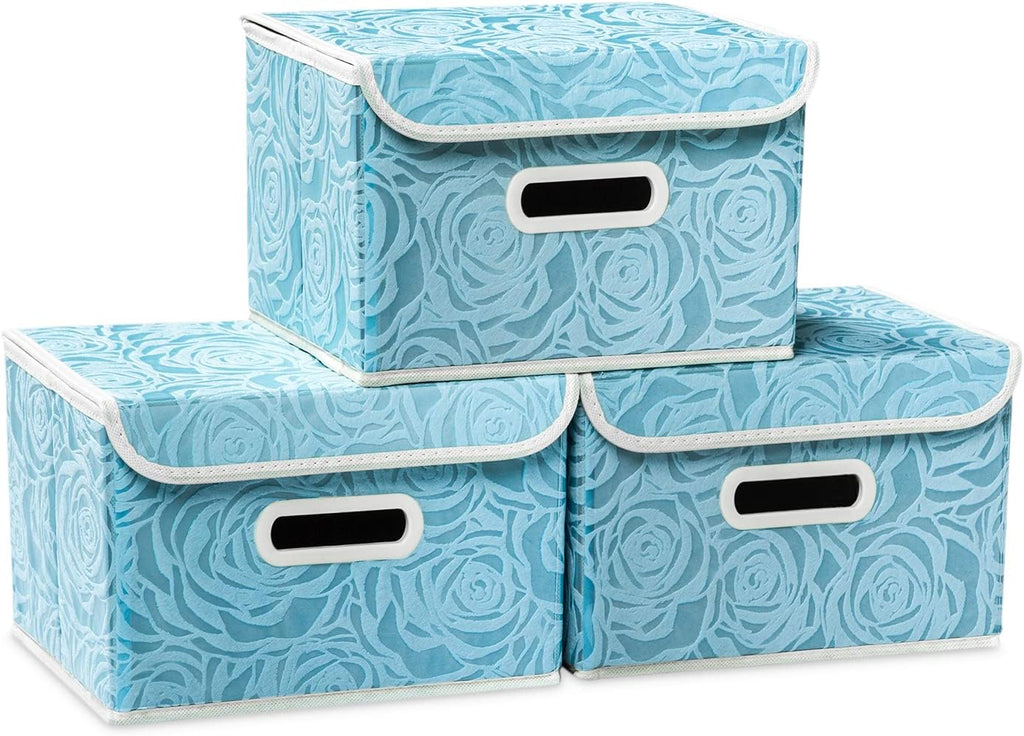 PRANDOM Collapsible Storage Boxes with Lids Fabric Decorative Storage Bins Cubes Organizer Containers Baskets with Cover Handles Divider for Bedroom Closet Living Room 9.8x7.9x6.7 Inch 3 Pack