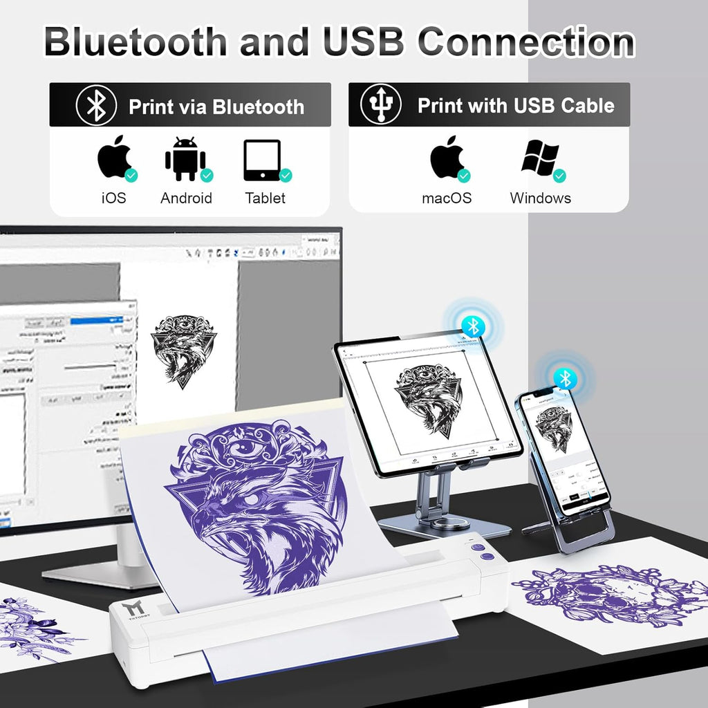 Tattoo Stencil Printer, P19 Wireless Thermal Temporary Tattoo Printer with 10pcs Transfer Paper, 2500mAh Portable Tattoo Machine Kit Compatible with Phone/Tablet/PC, White