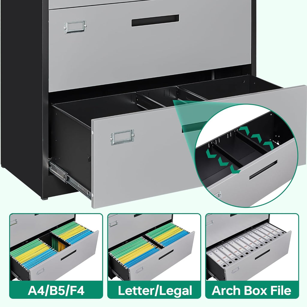 Letaya 4 Drawer Lateral Metal Filing Cabinet with Lock-File Cabines-Organization Storage Cabinets for Home Office-Hanging Letter/Legal/F4/A4 Size (4 Drawer-Grey Black)