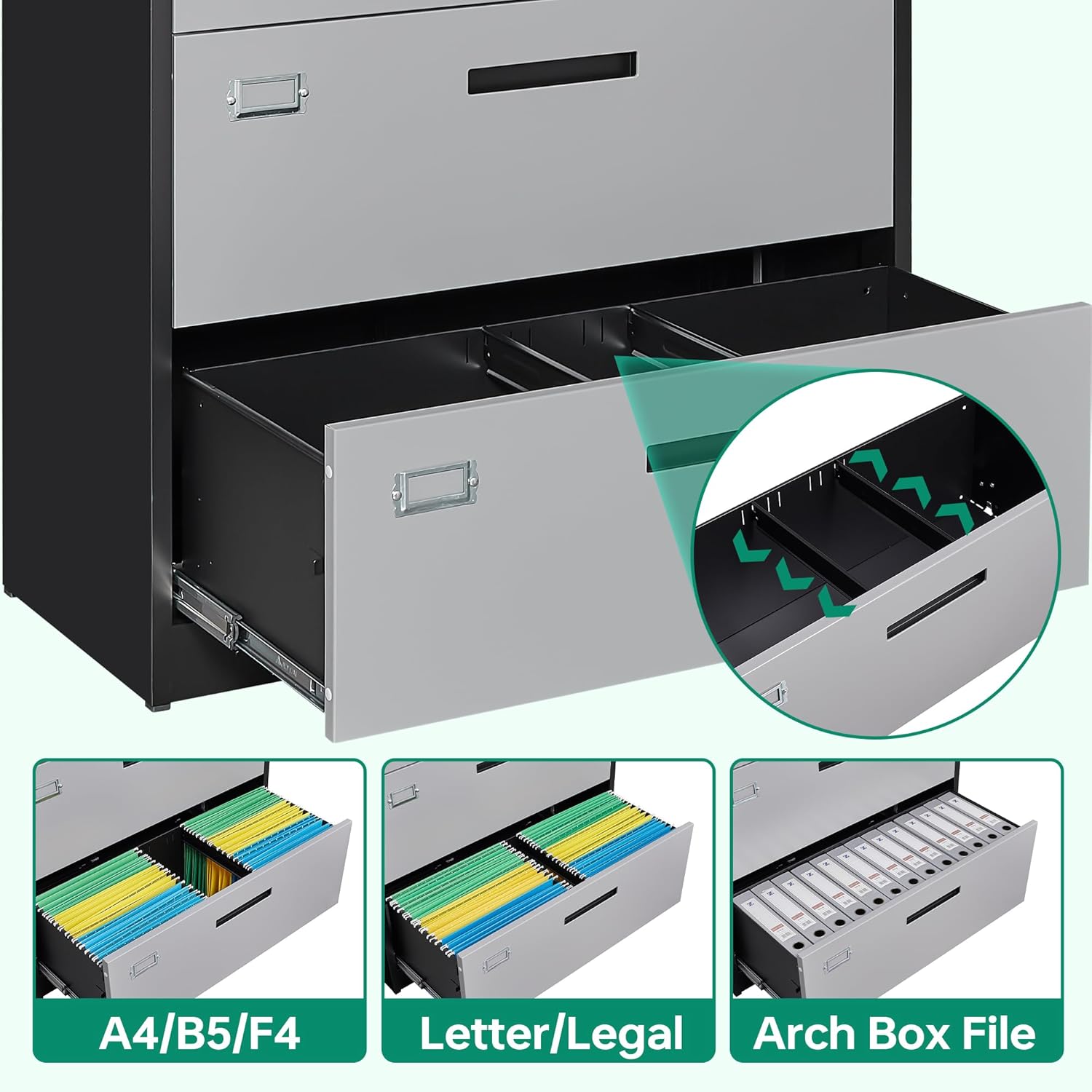 Letaya 4 Drawer Lateral Metal Filing Cabinet with Lock-File Cabines-Organization Storage Cabinets for Home Office-Hanging Letter/Legal/F4/A4 Size (4 Drawer-Grey Black)