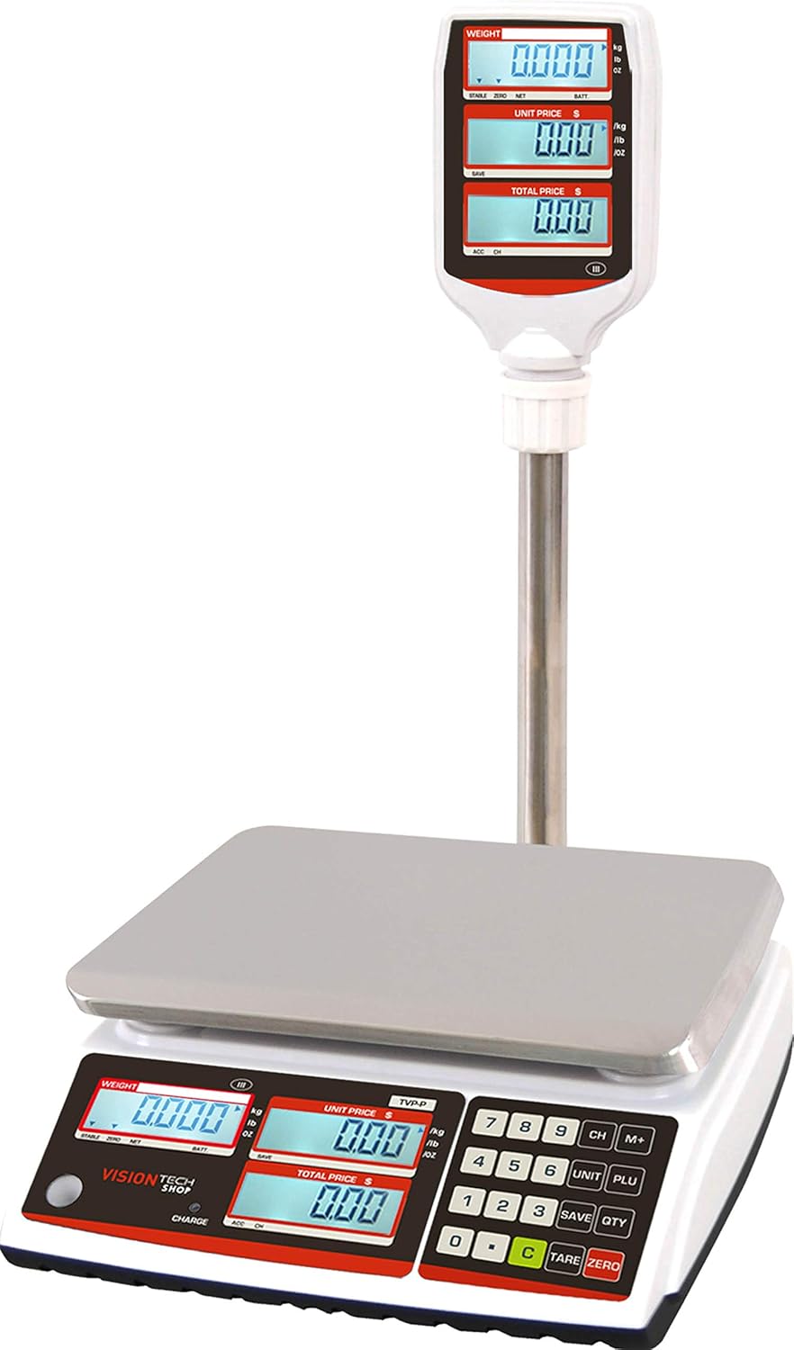 VisionTechShop TVP-30P Price Computing Scale with Pole Display, Lb/Oz/Kg, 30lb Capacity, 0.005lb Readability, NTEP Legal for Trade COC #19-038, NSF Certified