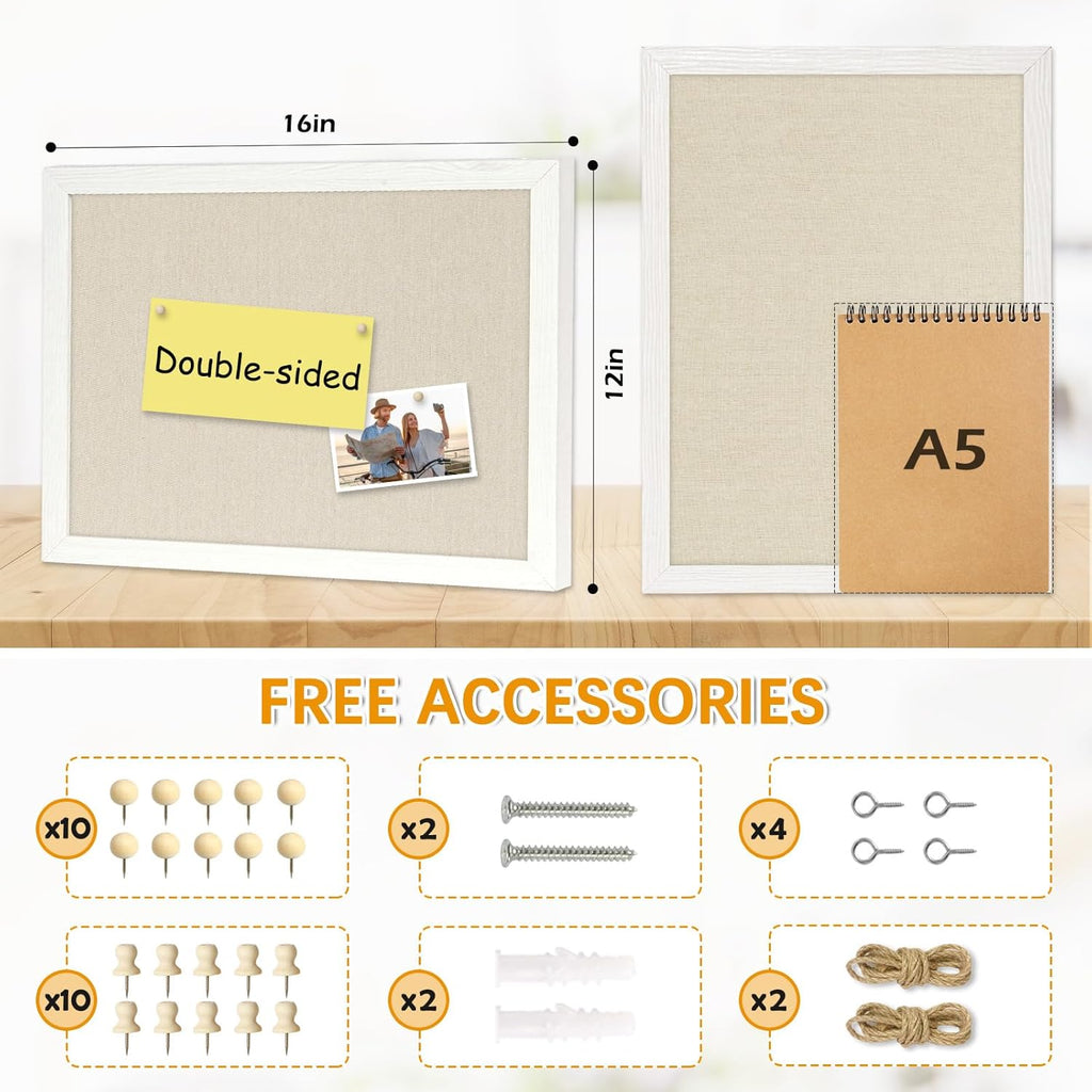 DOLLAR BOSS Bulletin Boards with Linen 2-Pack 16''X 12'' Cork Board for Walls Wood Framed Bulletin Boards, Small Pin Board for Home Kitchen Office Decorative Hanging 20 Pushpins