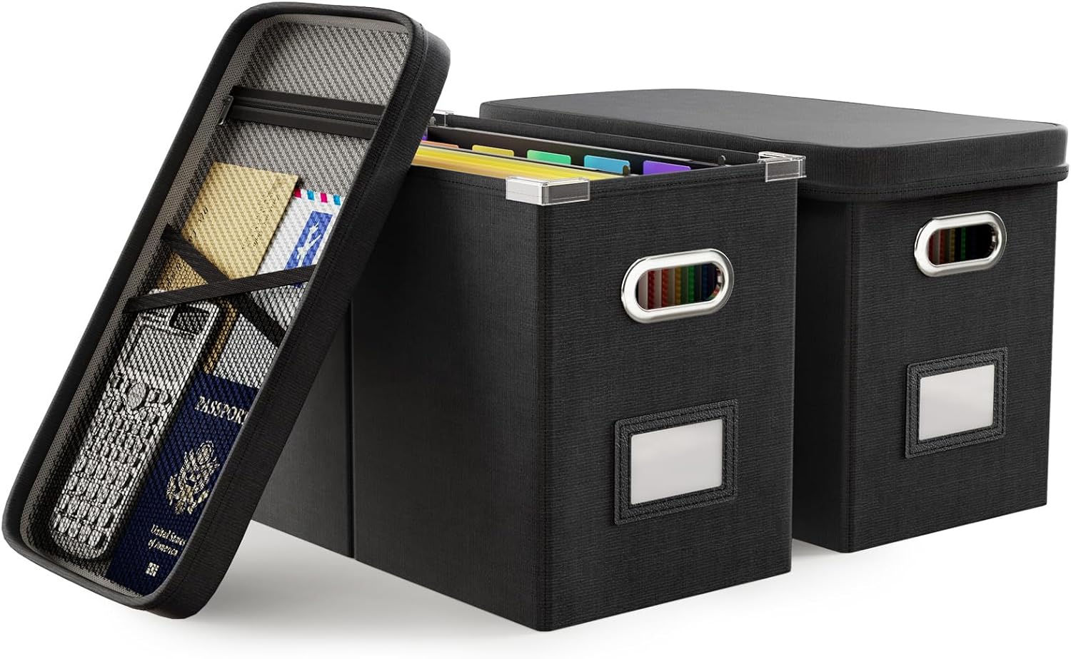 Oterri File Organizer Box with Lid, Hanging Filing File Box with Mesh Pocket, Document Organizer Box for Letter Files, Portable Storage Box with Smooth Sliding Rail for Office&Home (2 PCS, Black)