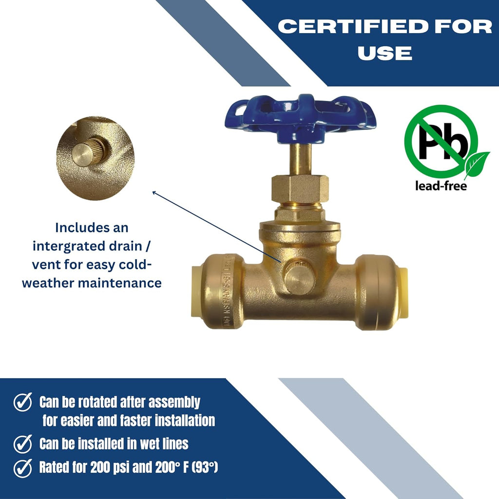 1/2 inch Push Fit Stop Valve with Drain and Vent, Push to Connect Brass Plumbing Fitting, Pex Pipe, Copper, CPVC, PE-RT, HDPE, 2-5-1=10, 10 Pieces