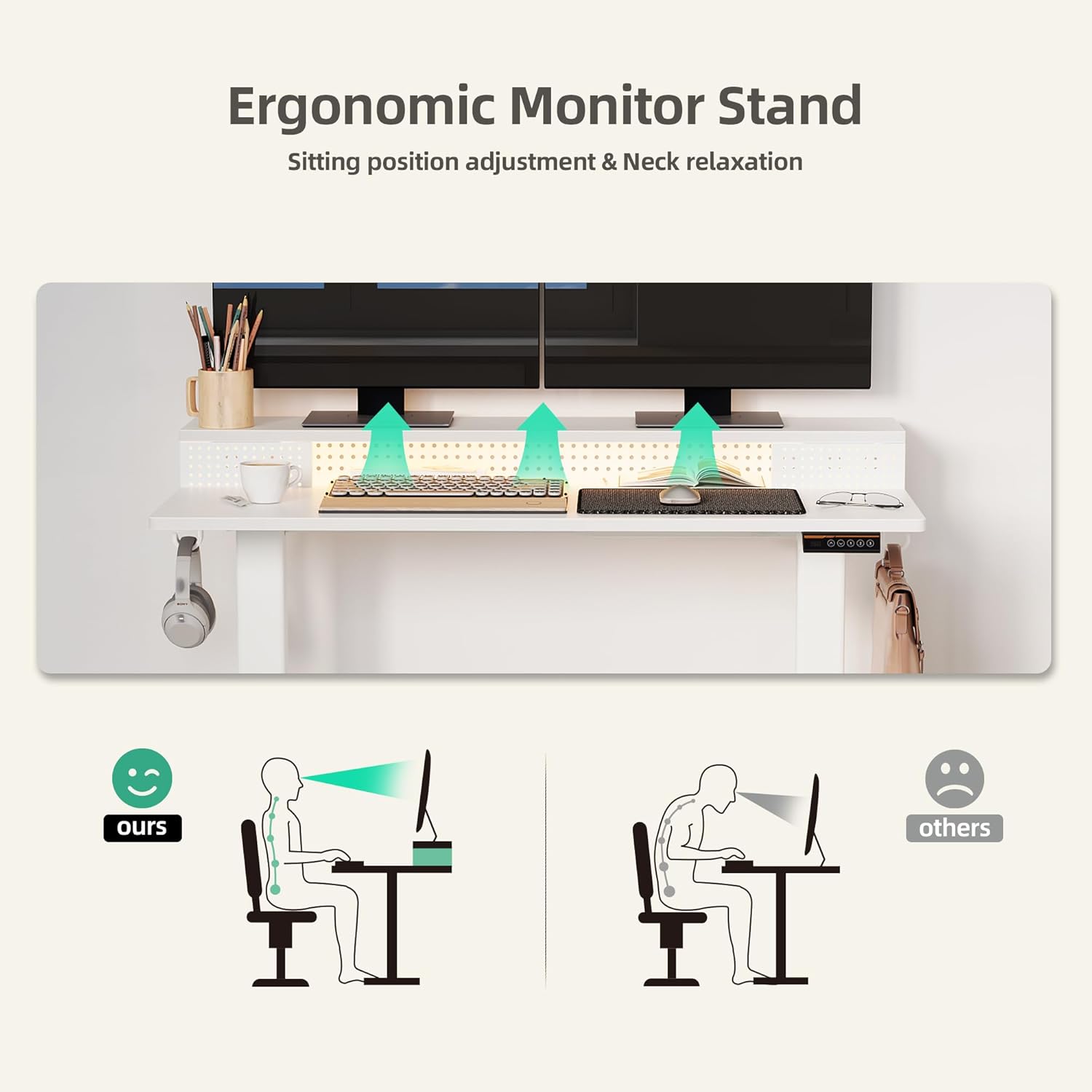 Claiks Electric Standing Desk with Shelf, 48 Inch Height Adjustable Standing Desk with LED Lights & Monitor Stand, White Frame/White Top