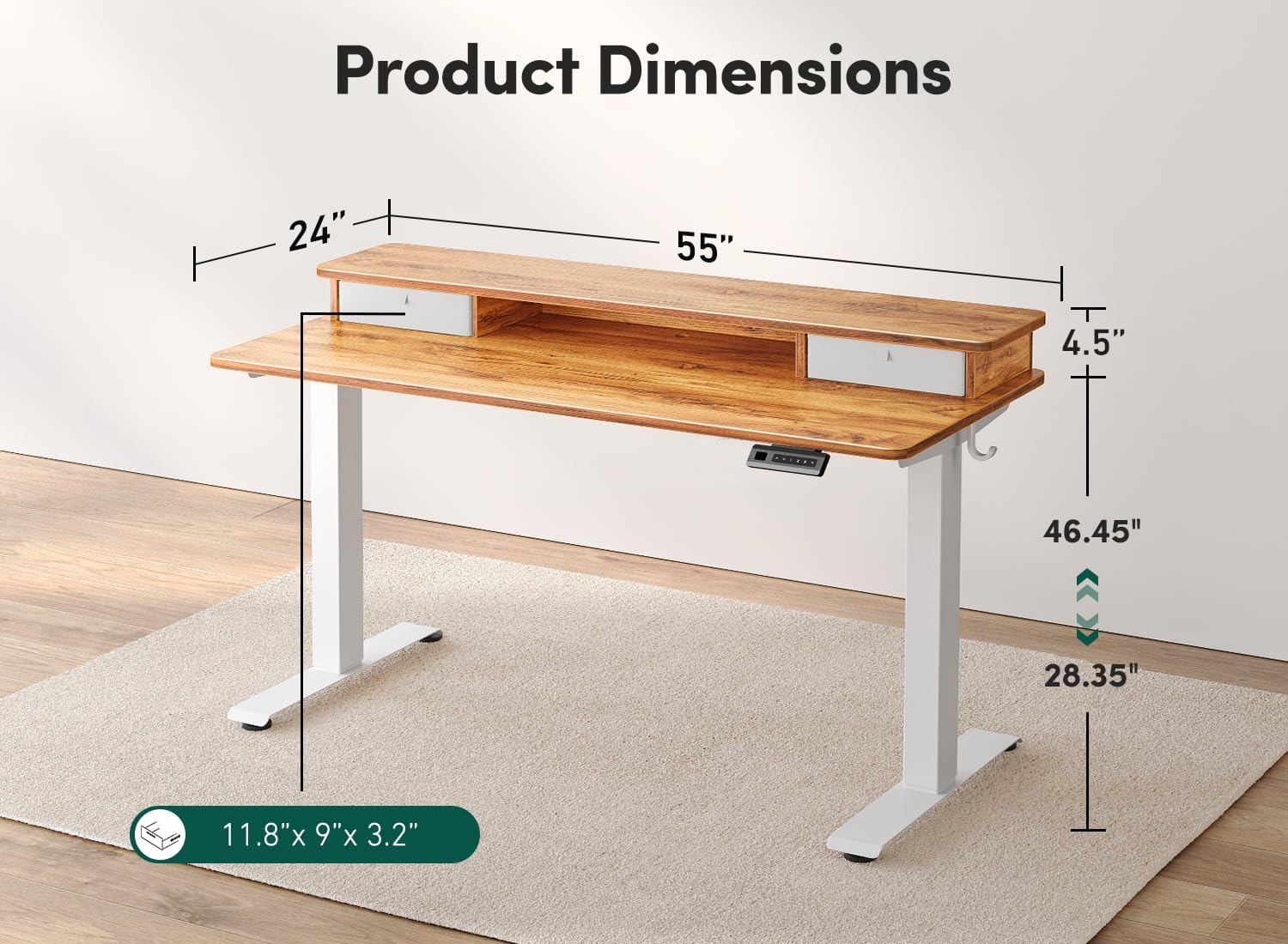 FEZIBO 55 x 24 Inch Height Adjustable Electric Standing Desk with Double Drawer, Computer Desk, Home Office Stand Up Table with 4 Height-Adjustable Feets & 2 Hooks, Light Rustic