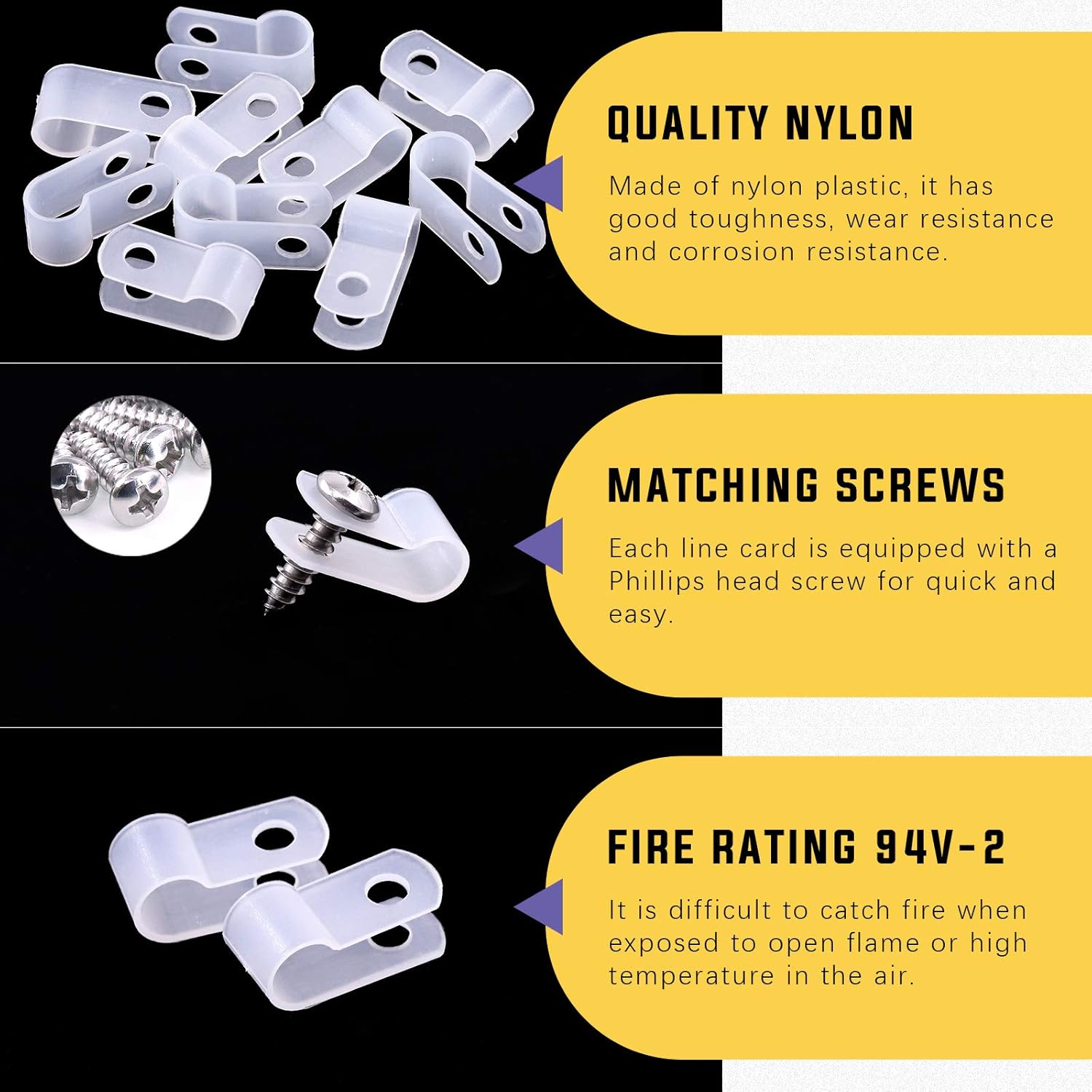 Swpeet 60 Pack White 1/4" Nylon Plastic R-Type Cable Clips Clamp Kit, Nylon Screw Mounting Cord Fastener Clips with 60 Pack Screws for Wire Management