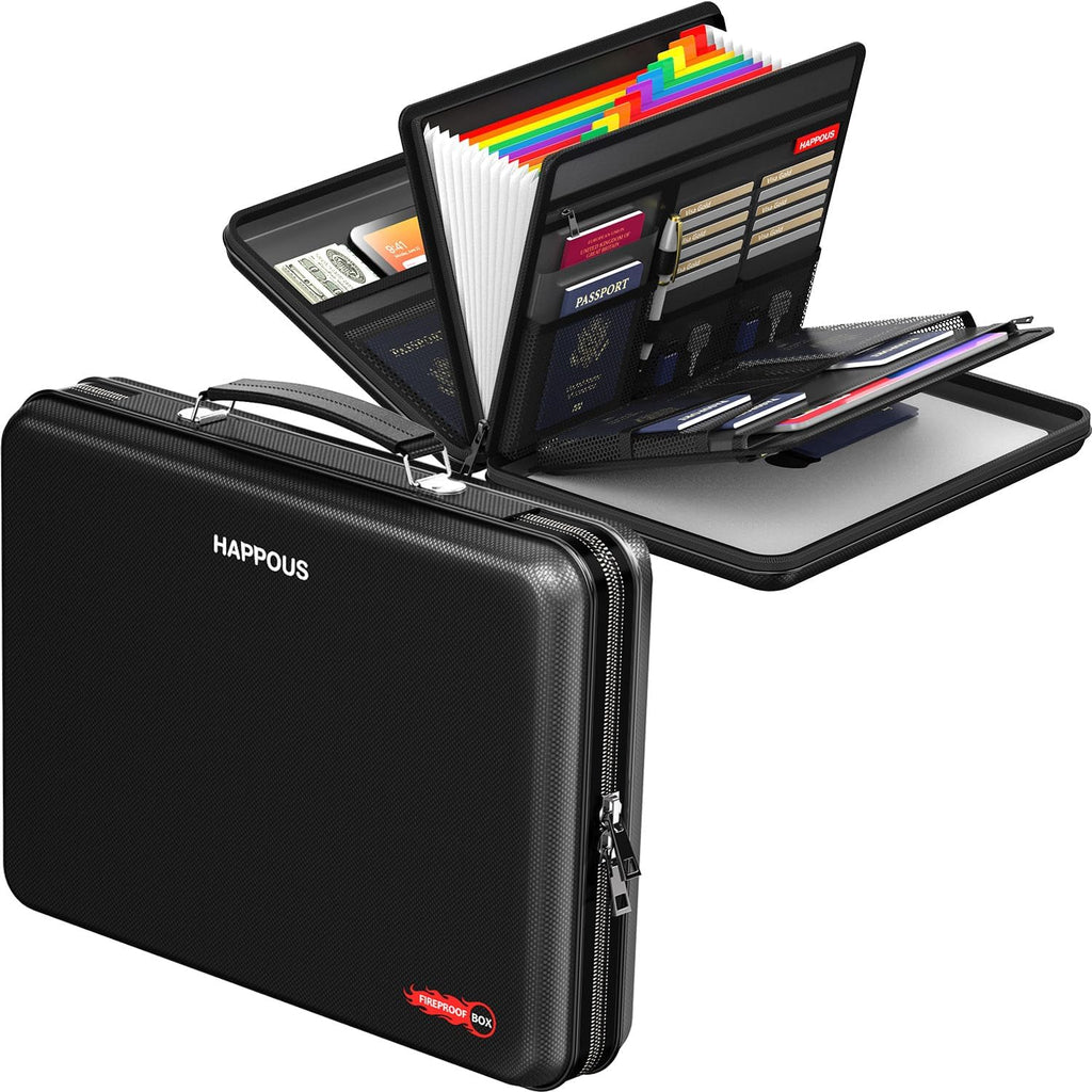 Fireproof Document Organizer, Expanding File Organizer with 13 Pockets, Portable Fireproof Document Box Hard-Shell Document Organizer Storage for Documents Laptop Passports Cards Black