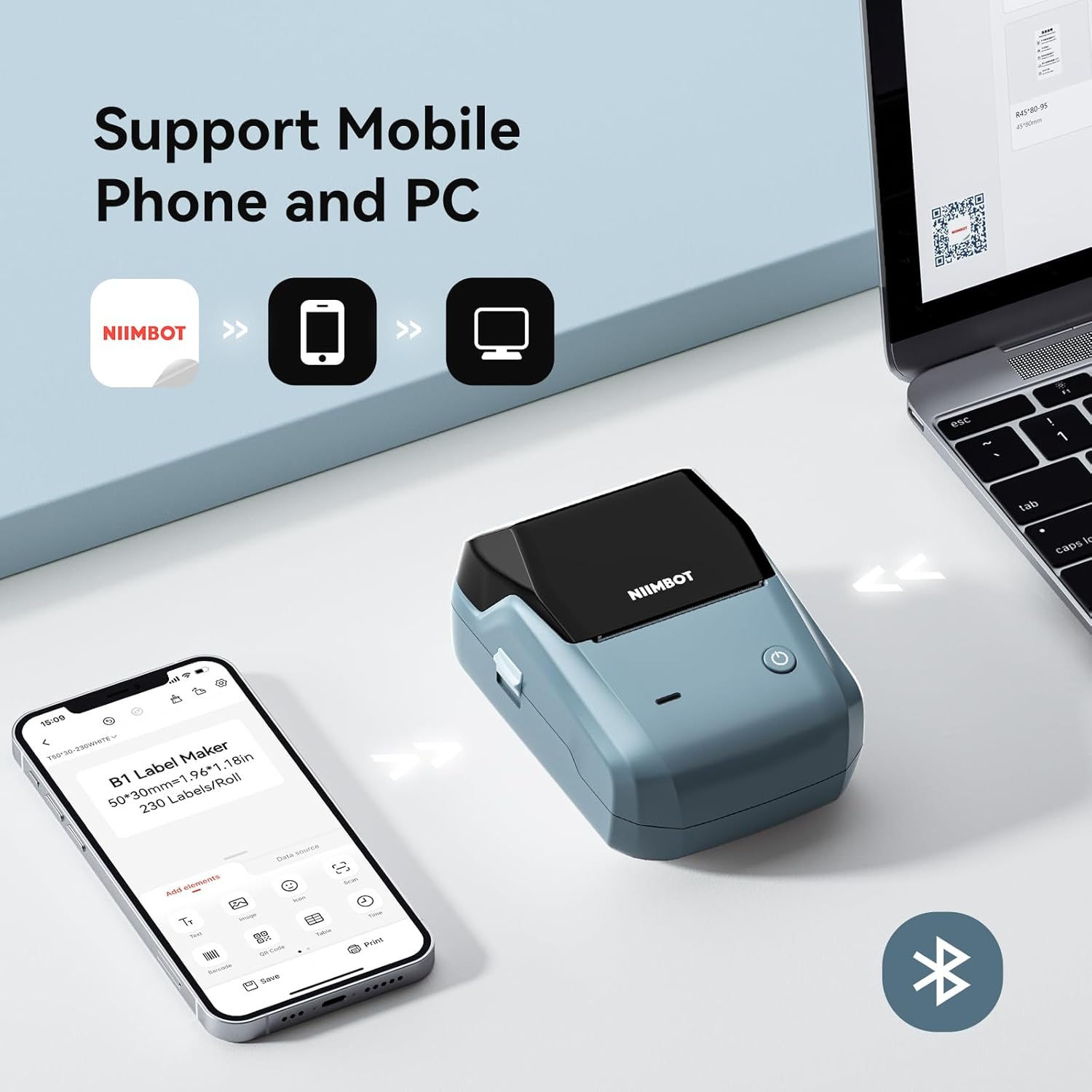 NIIMBOT B1 Label Maker Machine with Tape, 2 Inch Portable Sticker Printer for Home School & Small Business, Compatible with Phones & PC, Blue