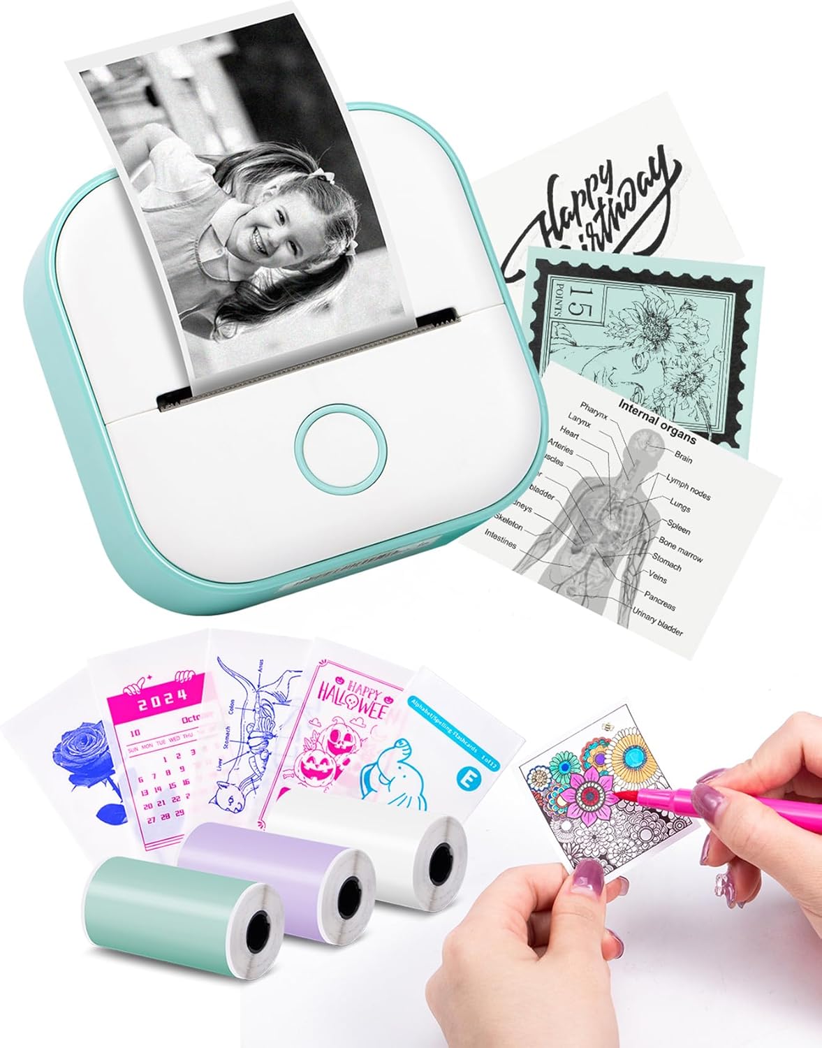 Memoking Sticker Printer - T02 Mini Printer Print Pods Portable Thermal Inkless Sticker Maker Machine Bluetooth Pocket Impresora Portátil Instant Print for Notes, Anatomical Diagrams, Journal,DIY,Gift