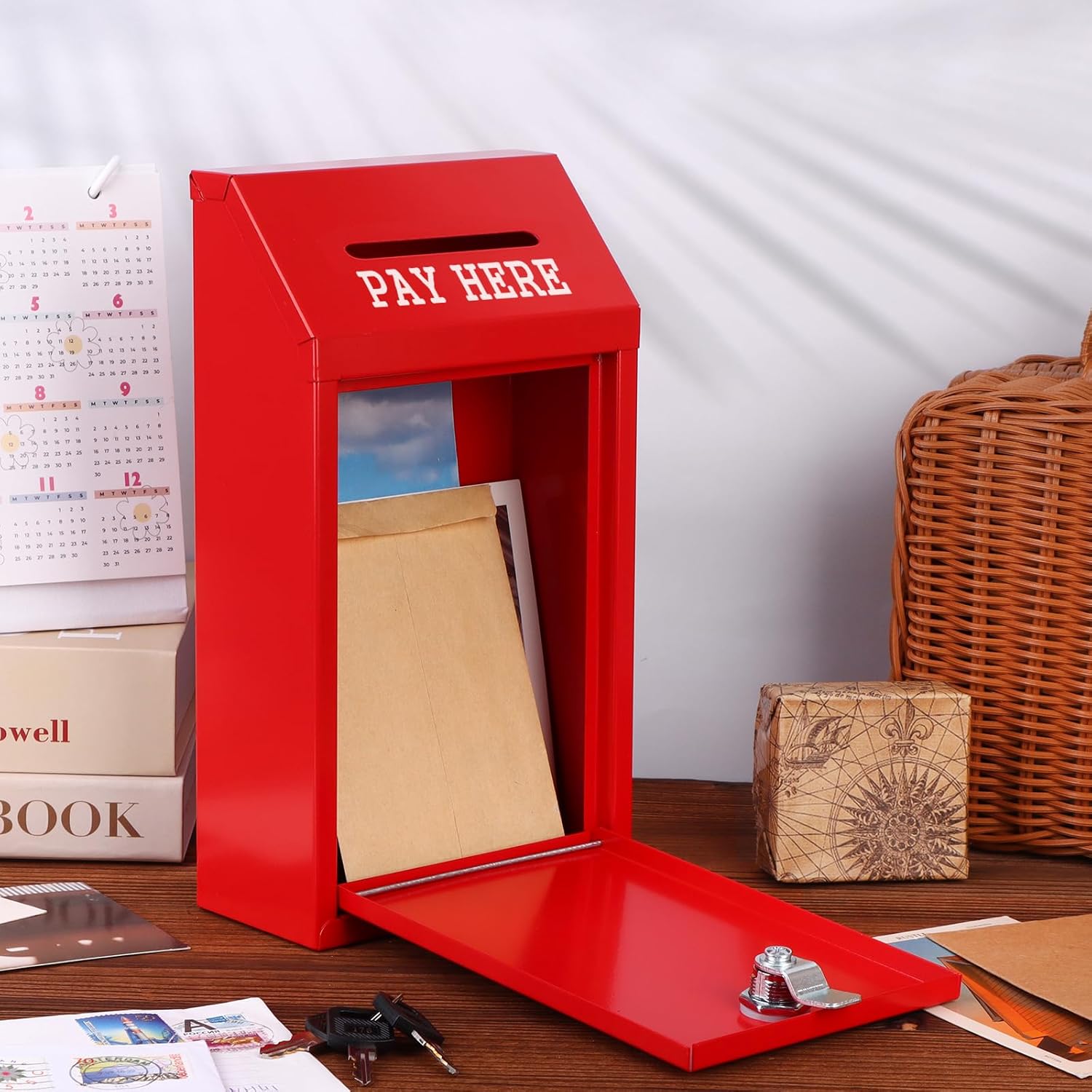 Metal Donation Box Collection Safe Suggestion Box with Lock Wall Mounted Mailbox Delivery Ballot Case Key Drop Case for Home Office Outdoor Door (Red, 10.24 x 5.71 x 2.95 Inch)