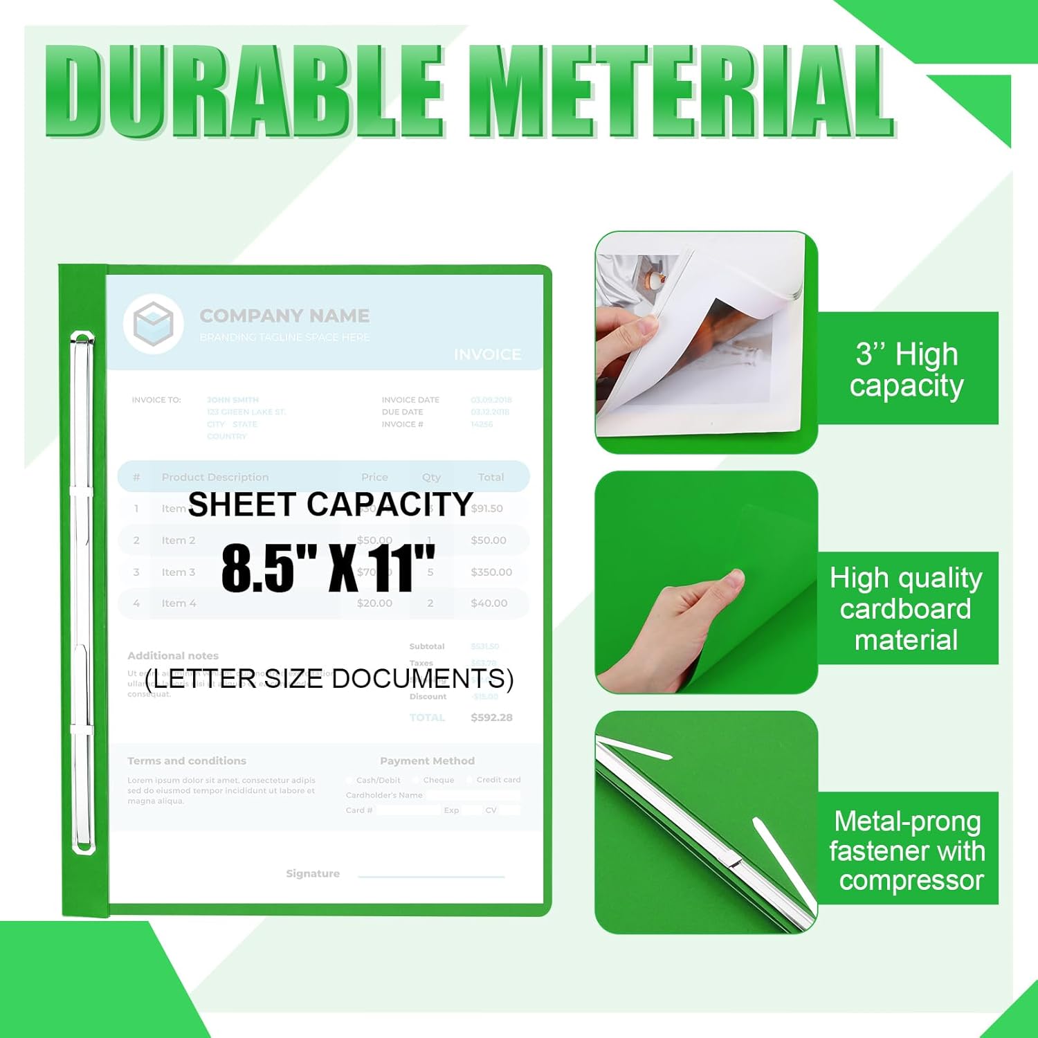 Zhanmai 15 Packs 8.5'' x 11'' Pressboard Report Covers, Metal Prong Fastener with Compressor, Letter Size 3'' Capacity Presentation Report Folder to Neatly Bind Reports, Proposals, Documents(Green)