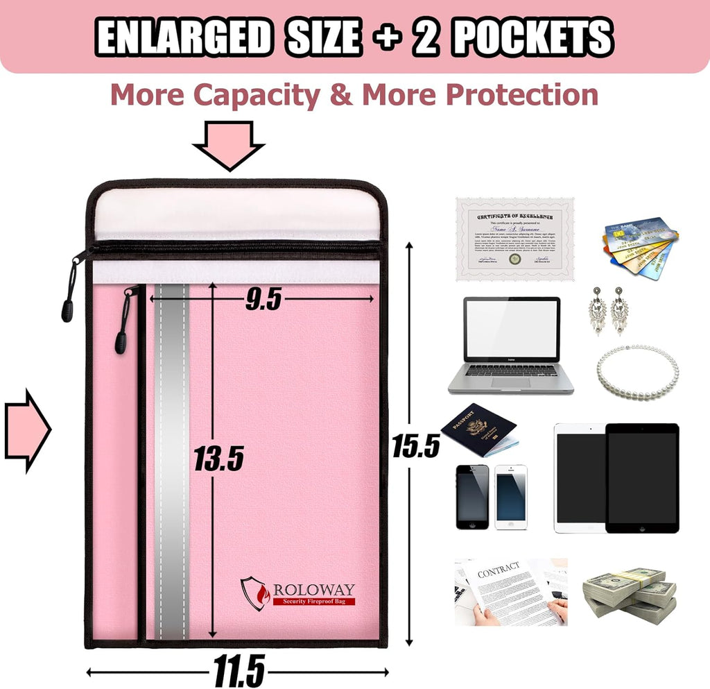 ROLOWAY Fireproof Document Bag (15.5 x 11.5 inch) with 2 Pockets and 5200℉ Aluminum Foil Layer, Fireproof Bag for Document Safe Fireproof Document Bag, Fireproof Money Bag (Pink)