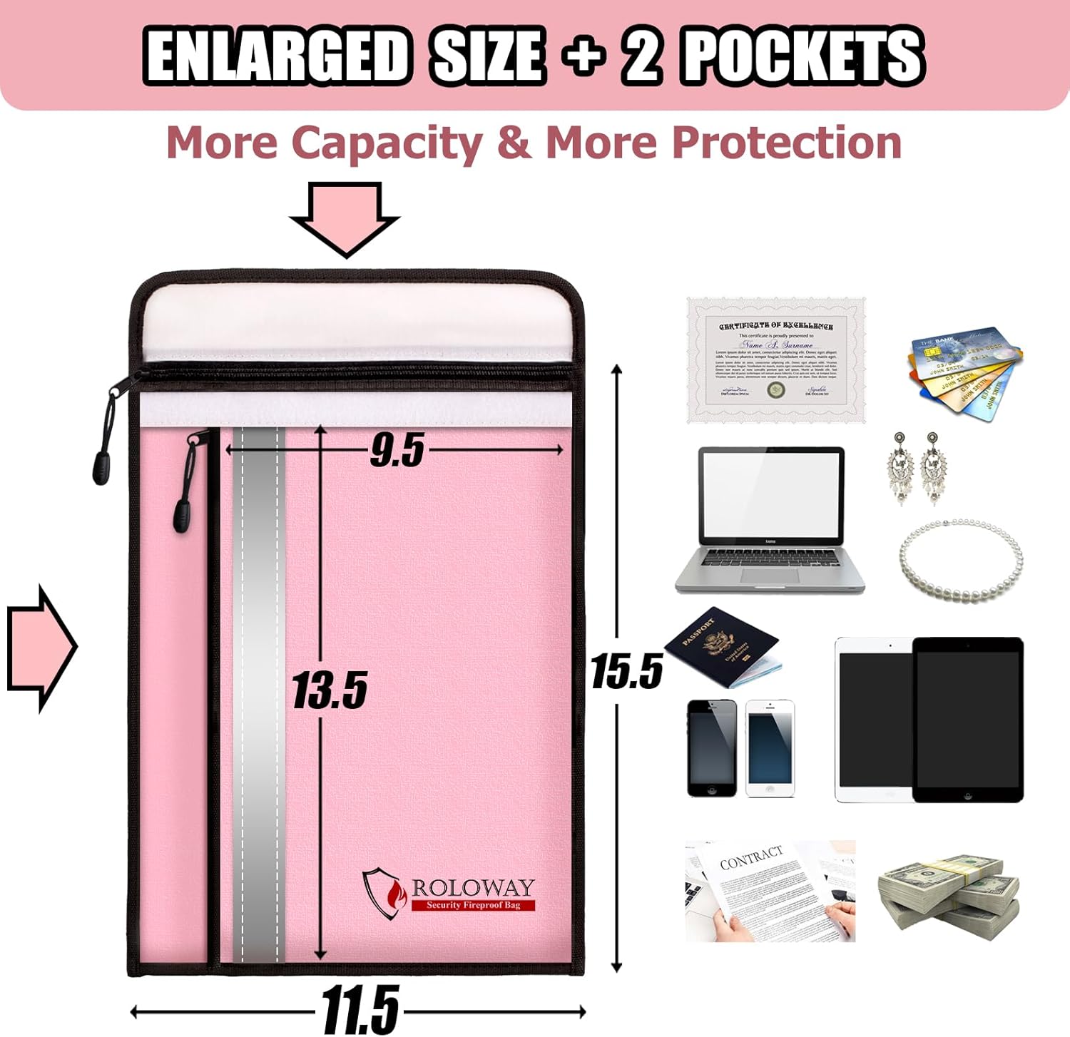 ROLOWAY Fireproof Document Bag (15.5 x 11.5 inch) with 2 Pockets and 5200℉ Aluminum Foil Layer, Fireproof Bag for Document Safe Fireproof Document Bag, Fireproof Money Bag (Pink)
