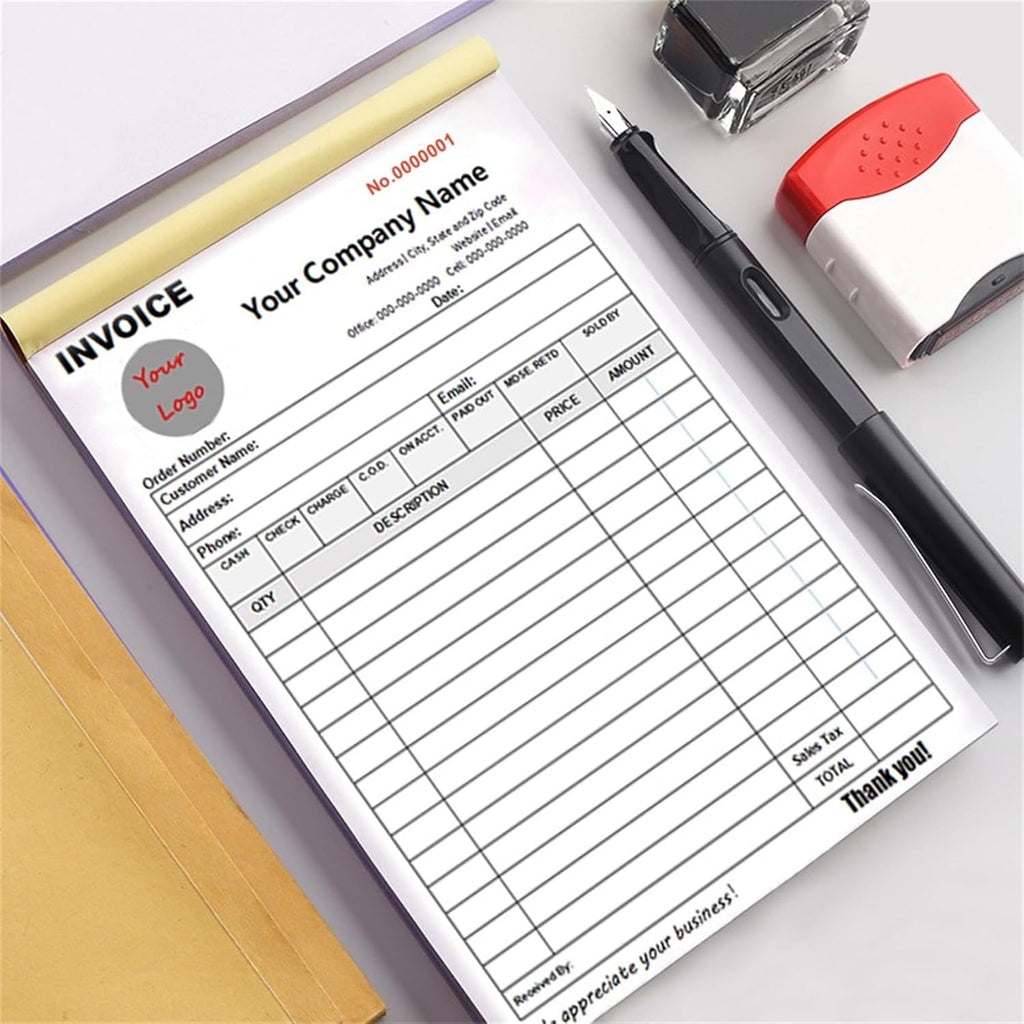 Custom Invoice Book in 3-Part /2-Part Receipt Book with Carbon Copies Personalized Carbonless Service Invoice Form Books Sales Order Book with Company Name Logo Address,A-Invoice Book