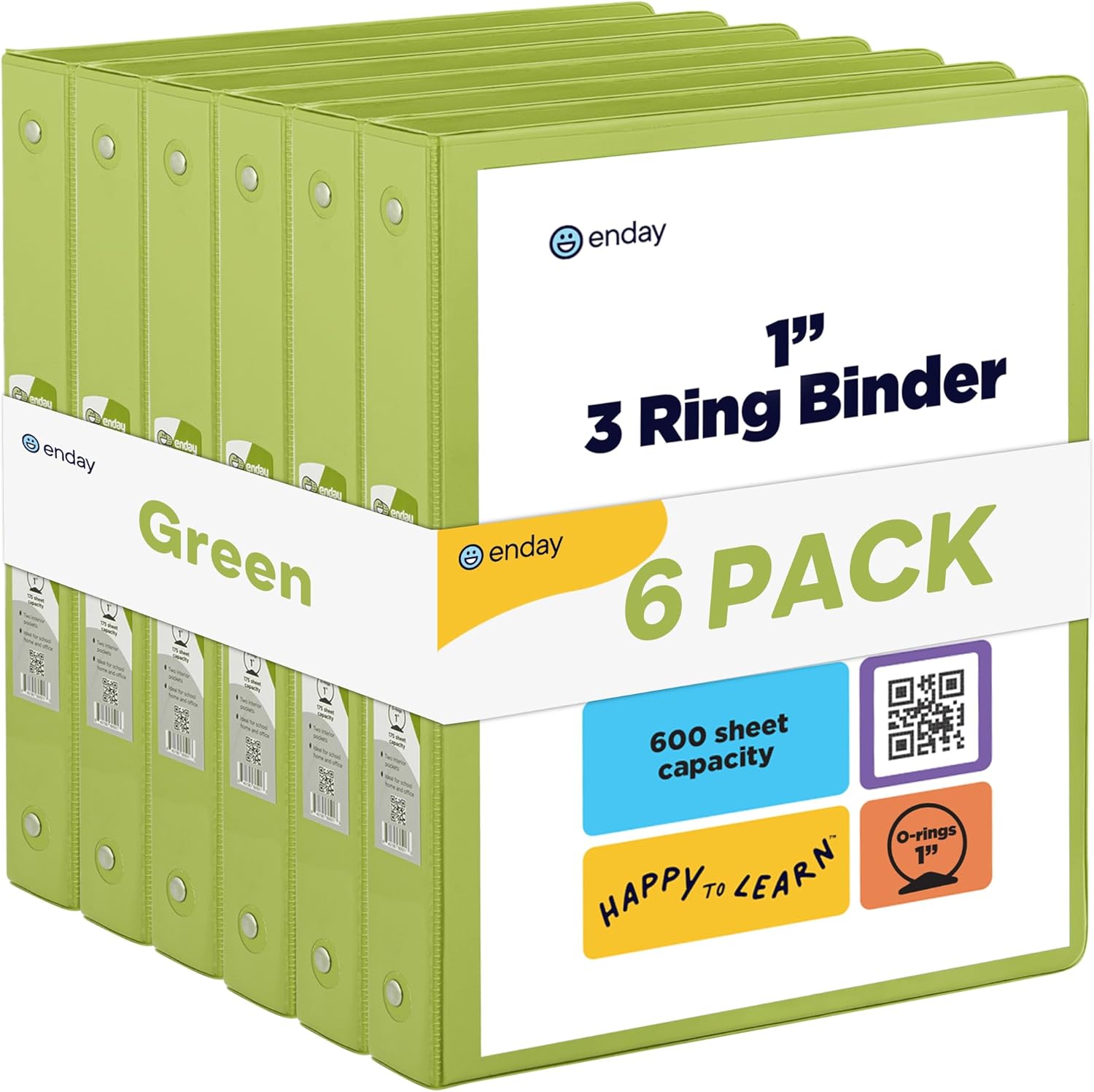 3 Ring Binder Green, 1 Inch, 1” Clear View Cover with 2 Inside Pockets Round Ring Binder, Colored School Supplies Binders, Also Available in Pink, Blue, Purple, Grey, and Red (6 PC) – by Enday