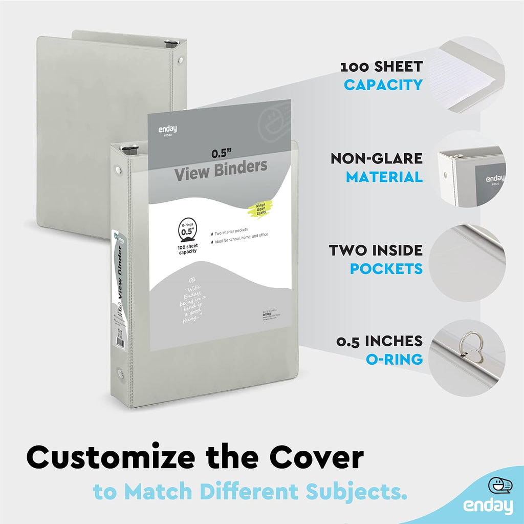½ Inch 3 Ring Binder Grey, .5 Inch Round Ring Clear View Cover with 2 Inside Pockets Binders, Colored School Supplies Binders, Also Available in Pink, Red, Green, Blue, and Purple (6 PC) – by Enday