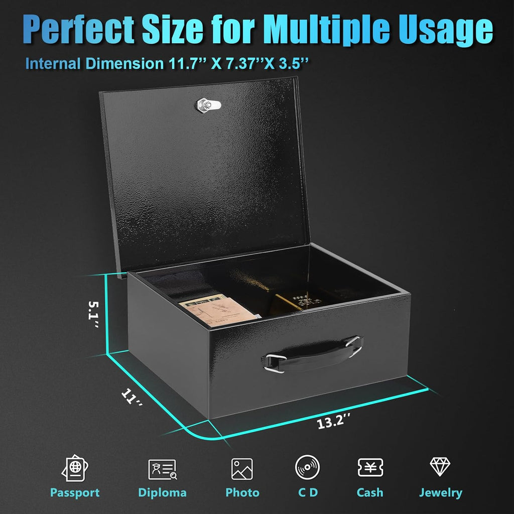 xydled Fire Resistant Safe Fire Safe Box with Key Lock for Home Office Security Storage for Valuables Documents,13.2"x 11"x 5.1" Inch,Black