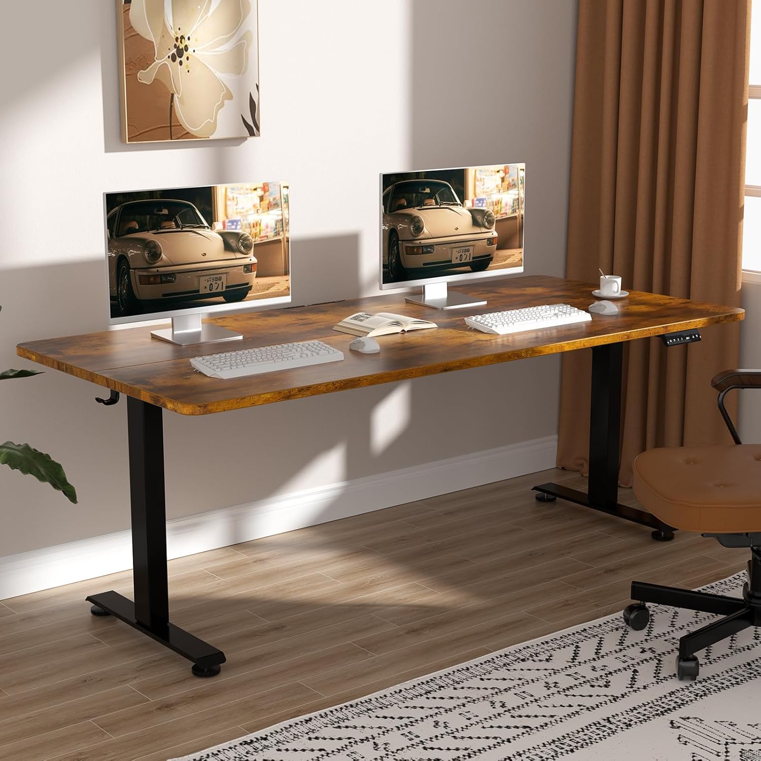 Veken 63 Inch Electric Standing Desk, Height Adjustable Sit Stand Up, Wood Desktop, Work Home Office Computer PC Table, Tall Standup Workstation, Gaming Writing Study Bedroom Rising Desks, Brown