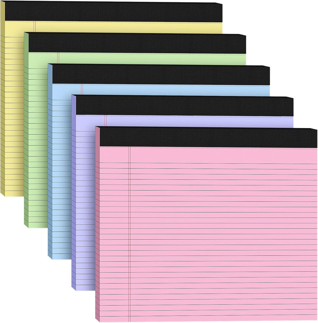 5 Pack Wide Legal Pads 11" x 9.5" Landscape Pink Purple Blue Green Yellow College Ruled Note Pad Narrow Ruled 30 Sheets per Notepad Perforated Writing Paper Thick Backboard Horizontal Pads of Paper