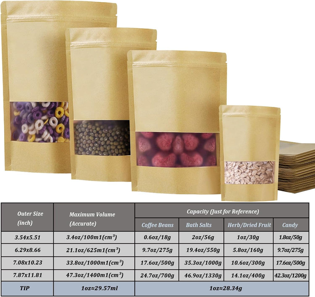 100 PCS Resealable Bags, Stand Up Kraft Paper Bags with Matte Window, Zipper Lock Food Storage Bags for Small Business and Home, 7.87 * 11.81 Inches Reusable Sealable Bags for Packaging