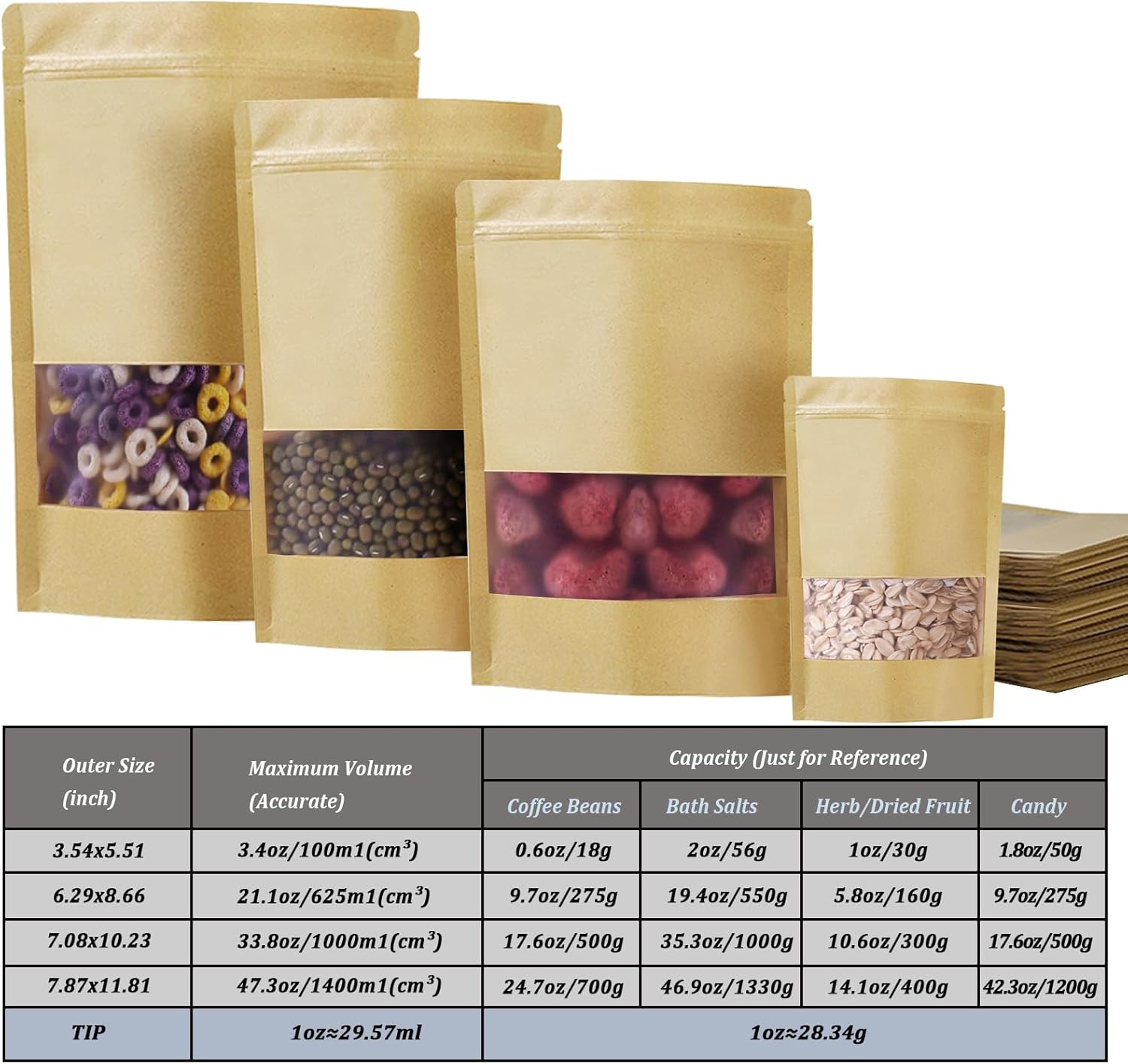 100 PCS Resealable Bags, Stand Up Kraft Paper Bags with Matte Window, Zipper Lock Food Storage Bags for Small Business and Home, 7.08 * 10.23 Inches Reusable Sealable Bags for Packaging