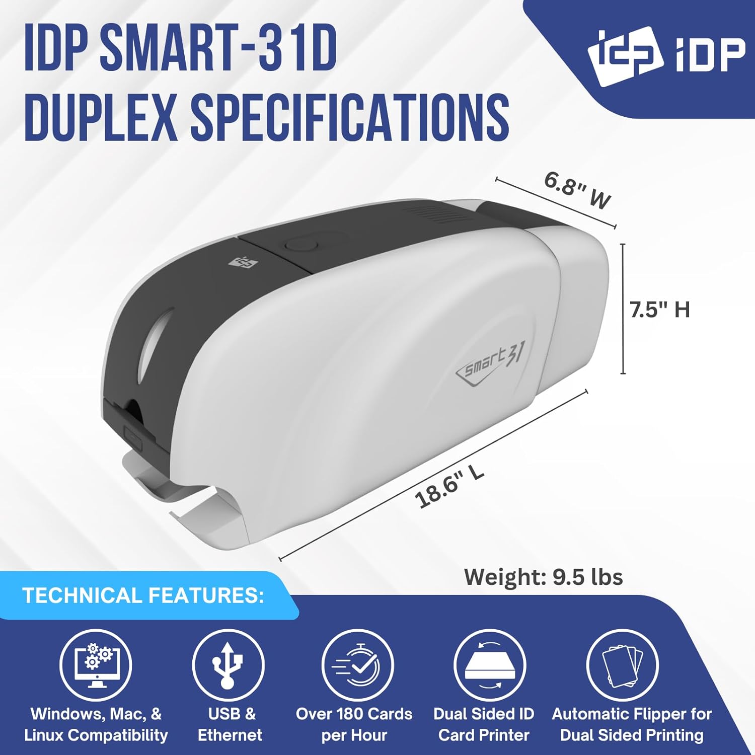 IDP SMART-31 Series ID Card Duplex Printer Bundle with USB Camera, Software, Manual and Guides - Includes 200-Print YMCKOK Color Ribbon and 100 PVC Plastic Cards - Now with SMARTMark Security