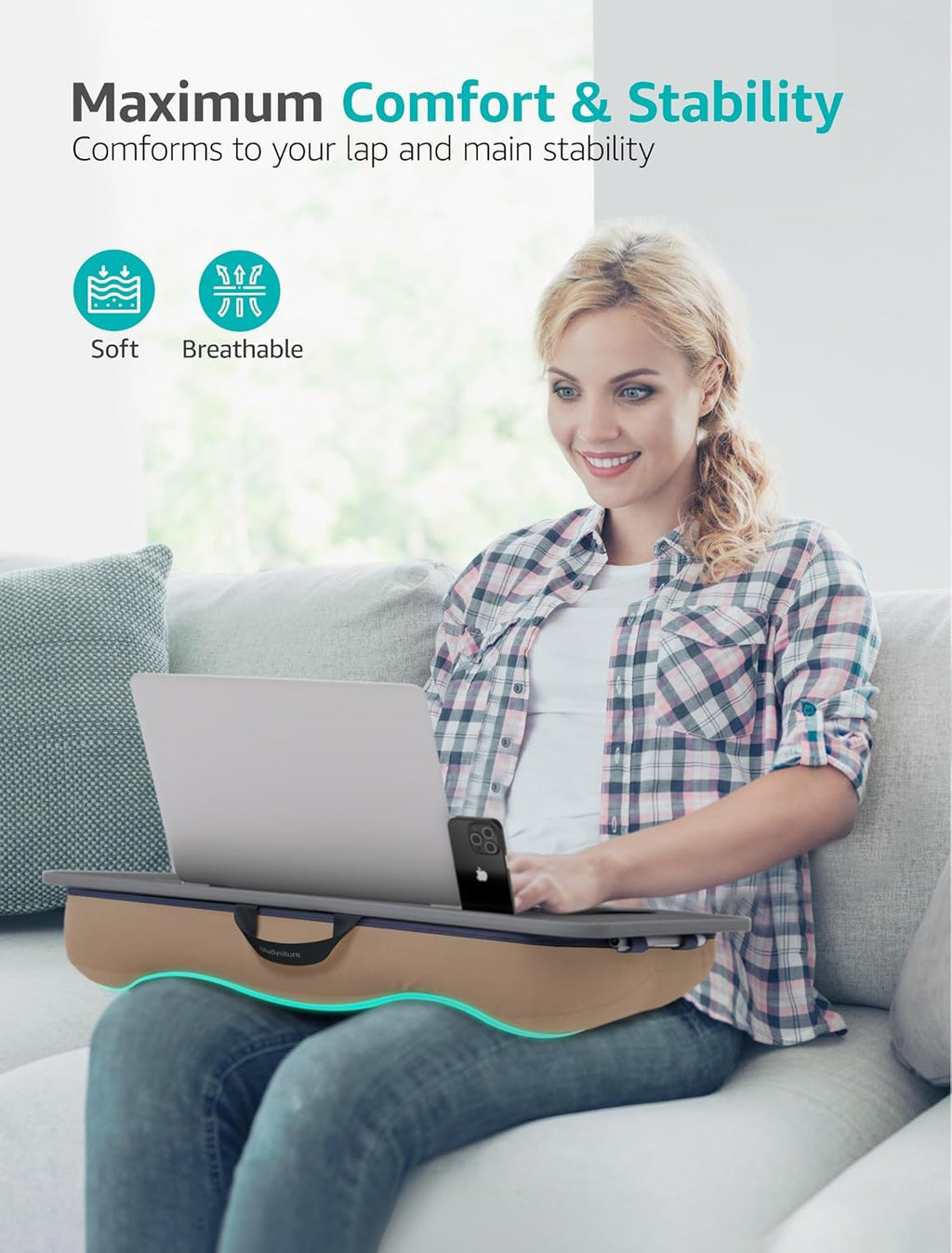Istudyniture Lap Desk | Portable Laptop Desk & Stand – Fits Up to 17 inch – Washable Cushion, Built-in Phone Holder – for Bed, Couch, Sofa, Floor – Writing, Reading, Home Office – Large, Coffee