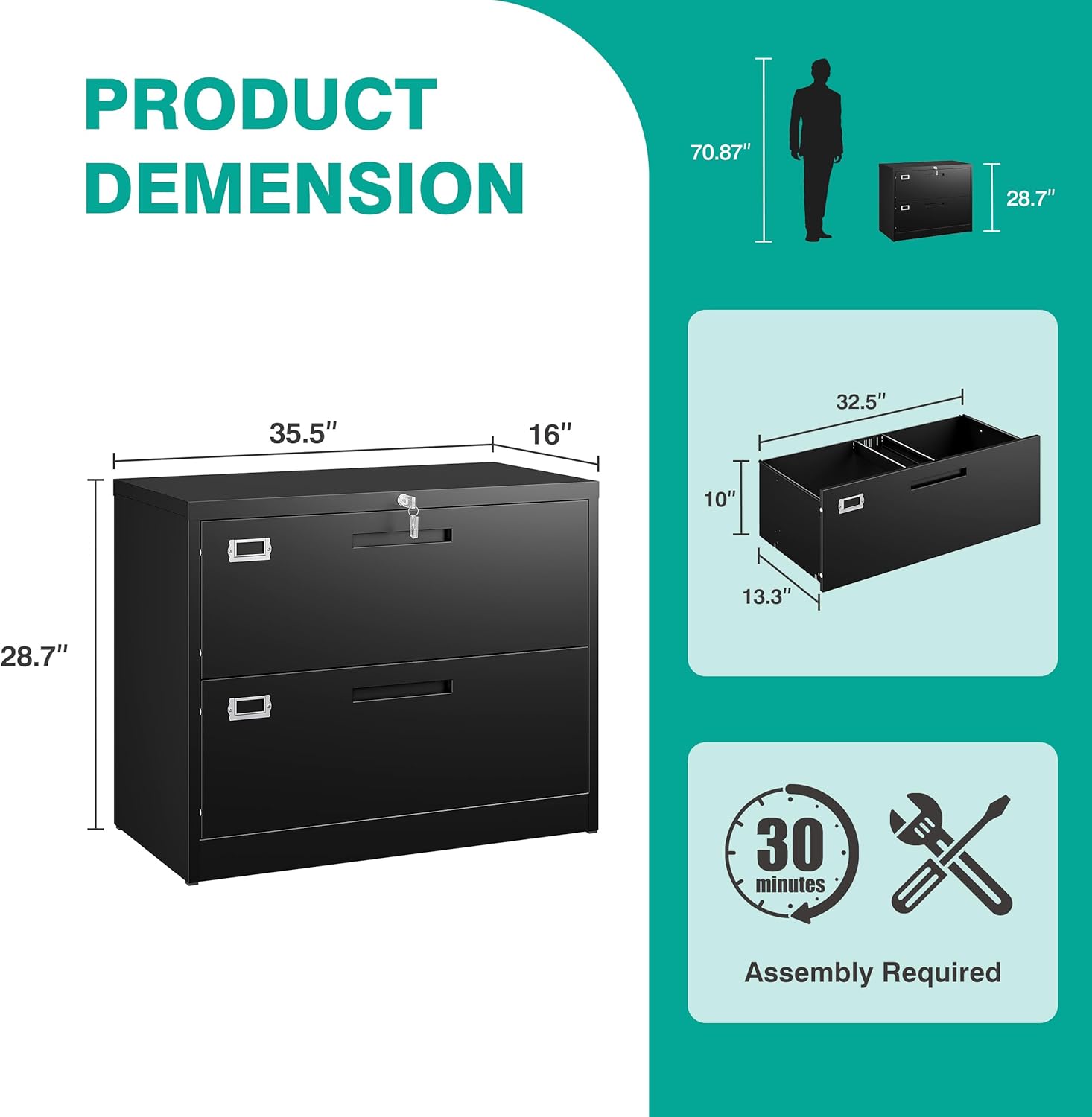 SISESOL 2 Drawer Lateral File Cabinet with Lock,Black Lateral Filing Cabinet,Horizontal Metal Filing Cabinet,Locked Wide Two Drawer File Cabinet for Office Home,Fit A4/F4/Letter/Legal File