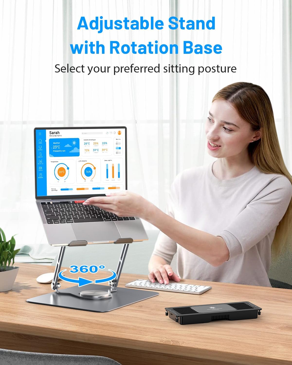 Laptop Cooling Stand with Detachable Thermoelectric Cooler, Adjustable Height & Angle, 360 Rotation Base, Carbon Steel Framework, Ultra-Quiet & Super Sturdy for up to 15.6” Laptop (Grey)