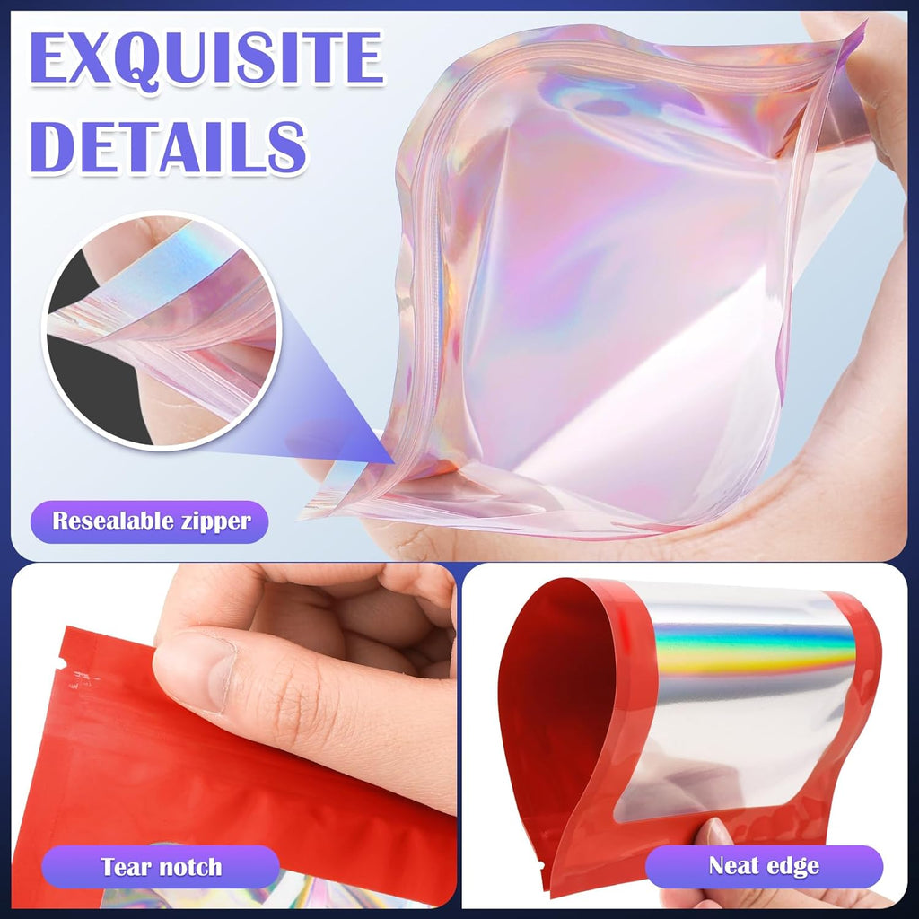 100 Pcs Mylar Bags, Smell Proof Bags Foil Pouch, Holographic Resealable Bags for Small Business, Candy Sample Jewelry Bag Sealable Packaging for Party Favor Food Storage (2.8x3.9in-Red)