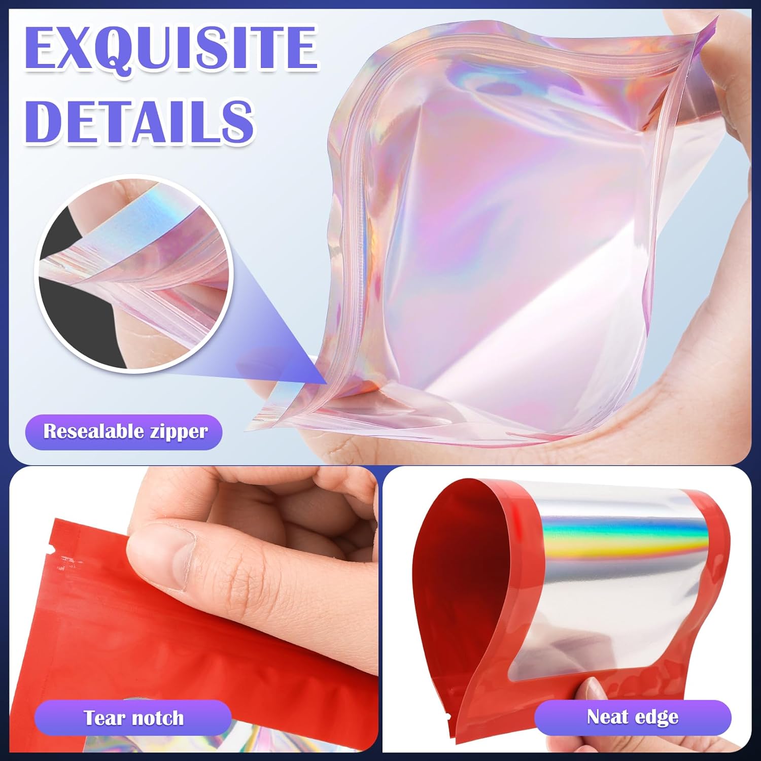 100 Pcs Mylar Bags, Smell Proof Bags Foil Pouch, Holographic Resealable Bags for Small Business, Candy Sample Jewelry Bag Sealable Packaging for Party Favor Food Storage (5.5x7.9in-Red)
