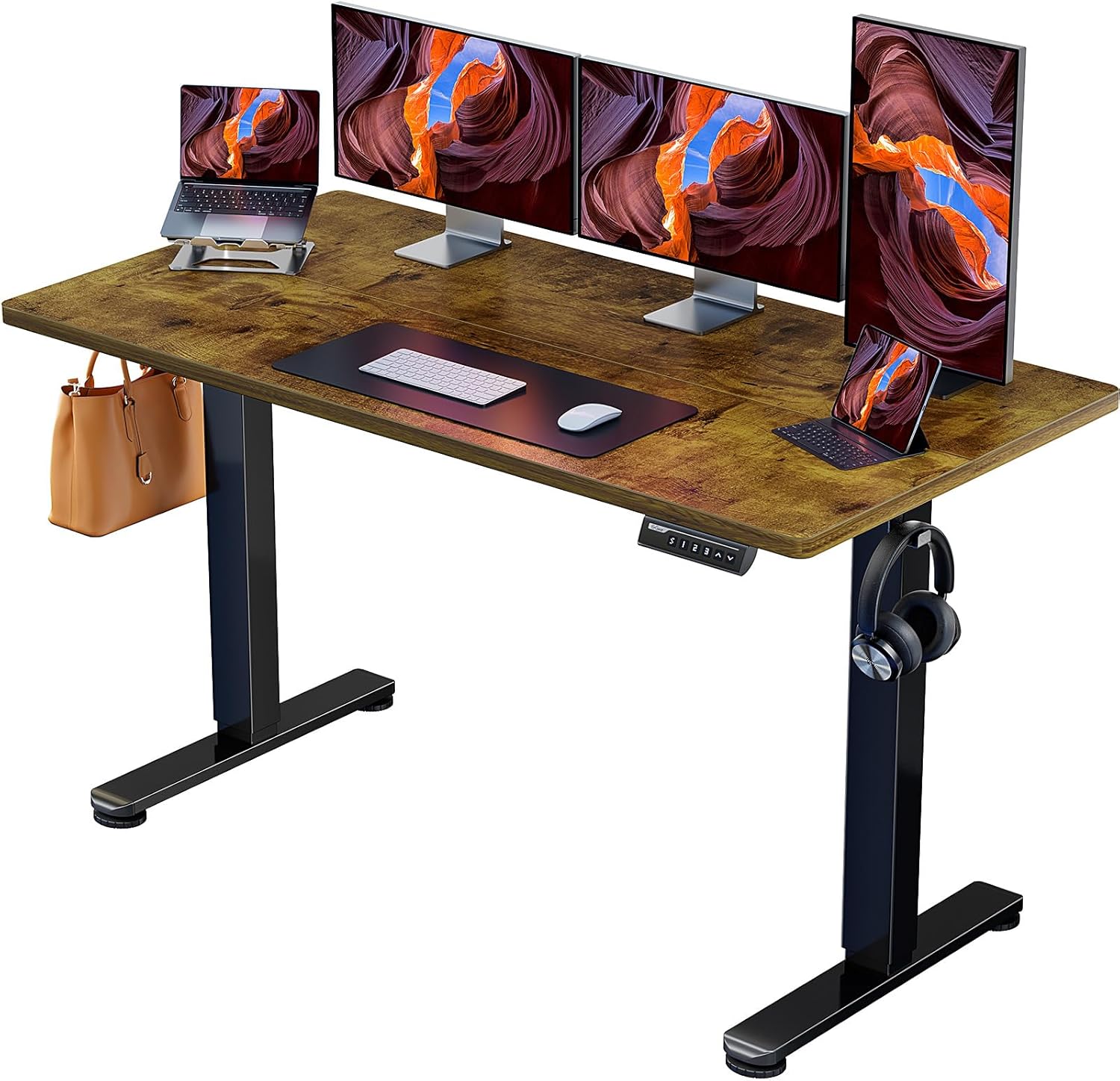 ErGear Height Adjustable Electric Standing Desk, 55 x 28 Inches Sit Stand up Desk, Large Memory Computer Home Office Desk with Two-Piece Desktop (Vintage Brown)