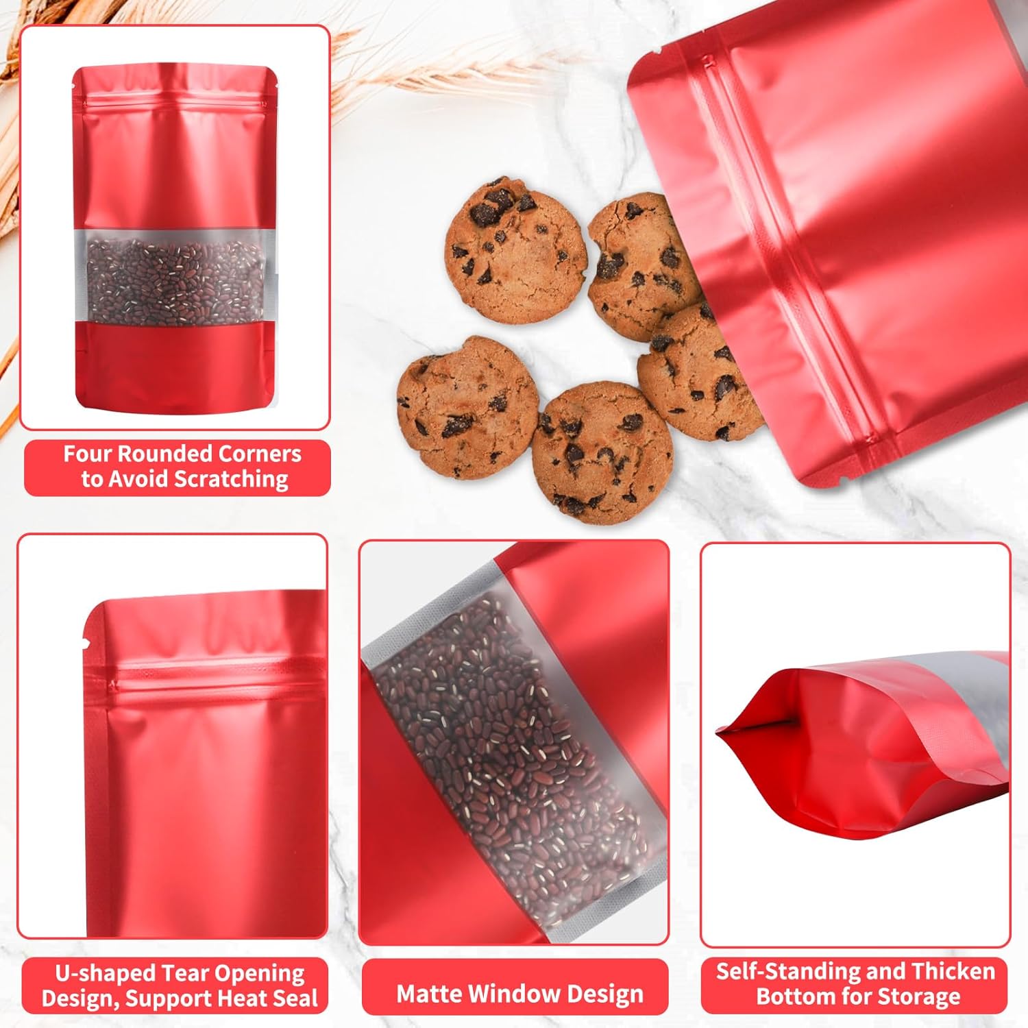 100 Pack Smell Proof Bags, Resealable Red Mylar Bags with Matte Window, Foil Pouch Stand Up Sealable Bags for Packaging, 3.93 × 5.9 Inch